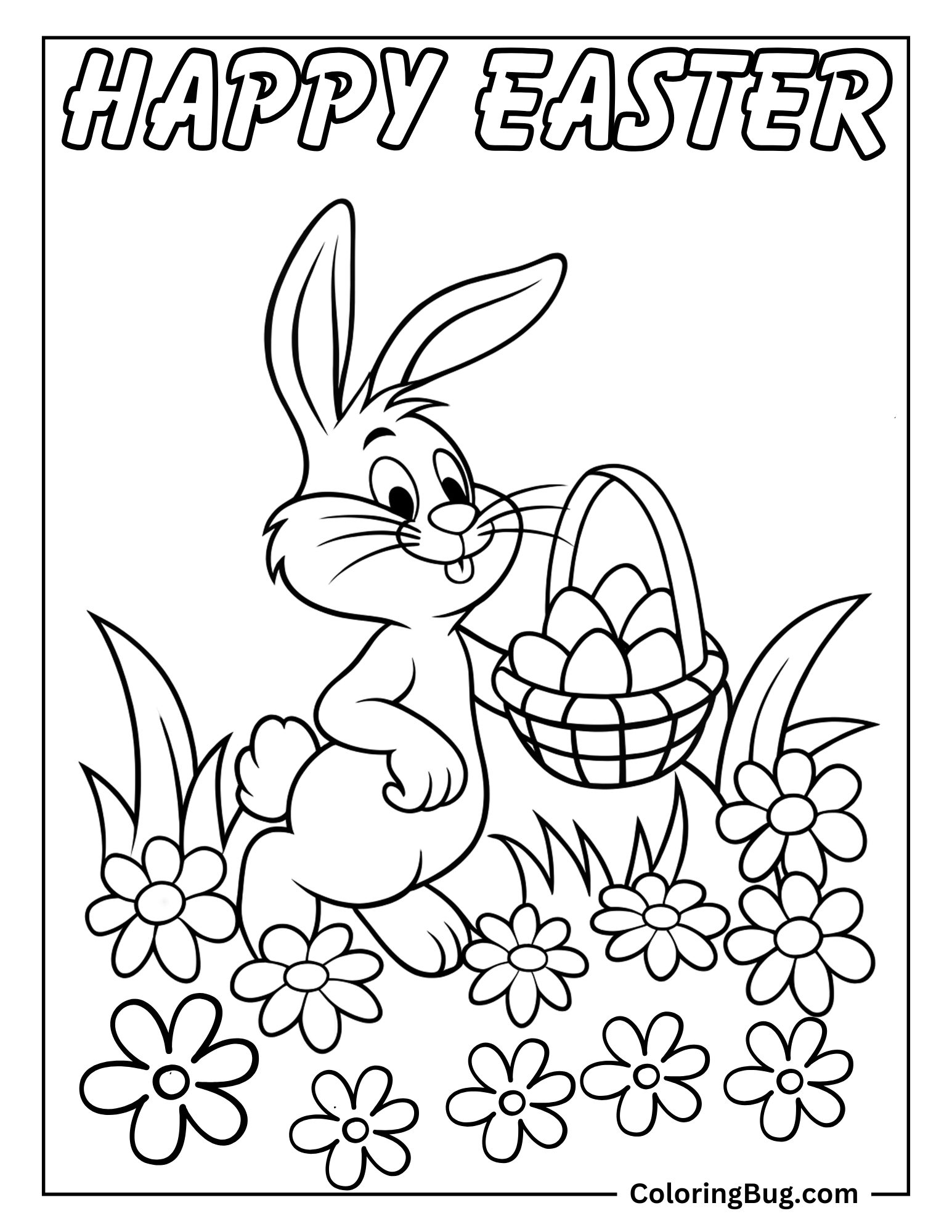 Bunny Hopping Through Flowers Meadow Holding Easter Eggs Coloring Sheet