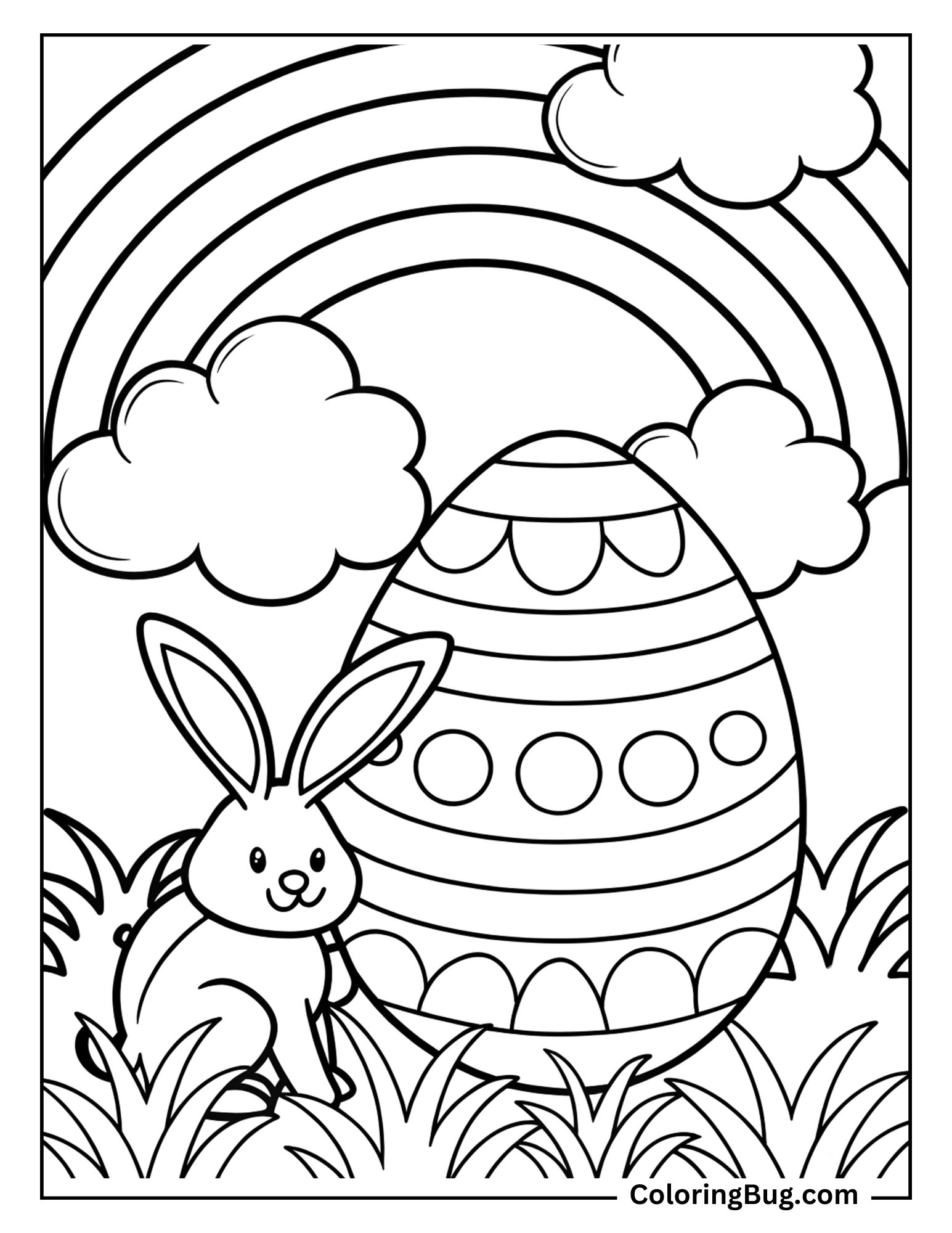Bunny Sitting Near Giant Easter Egg With Rainbow Coloring Page