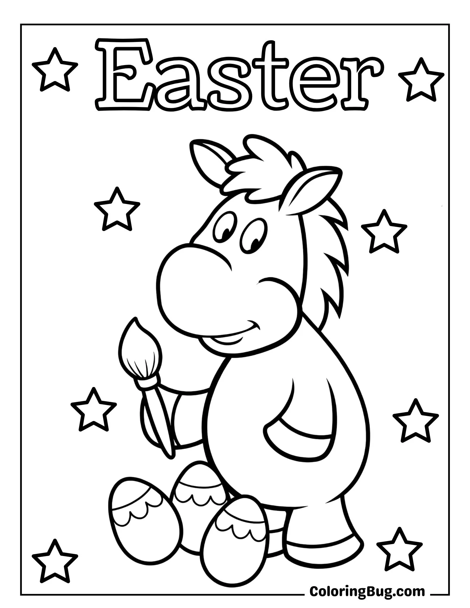 Cartoon Horse Painting Easter Eggs Coloring Sheet