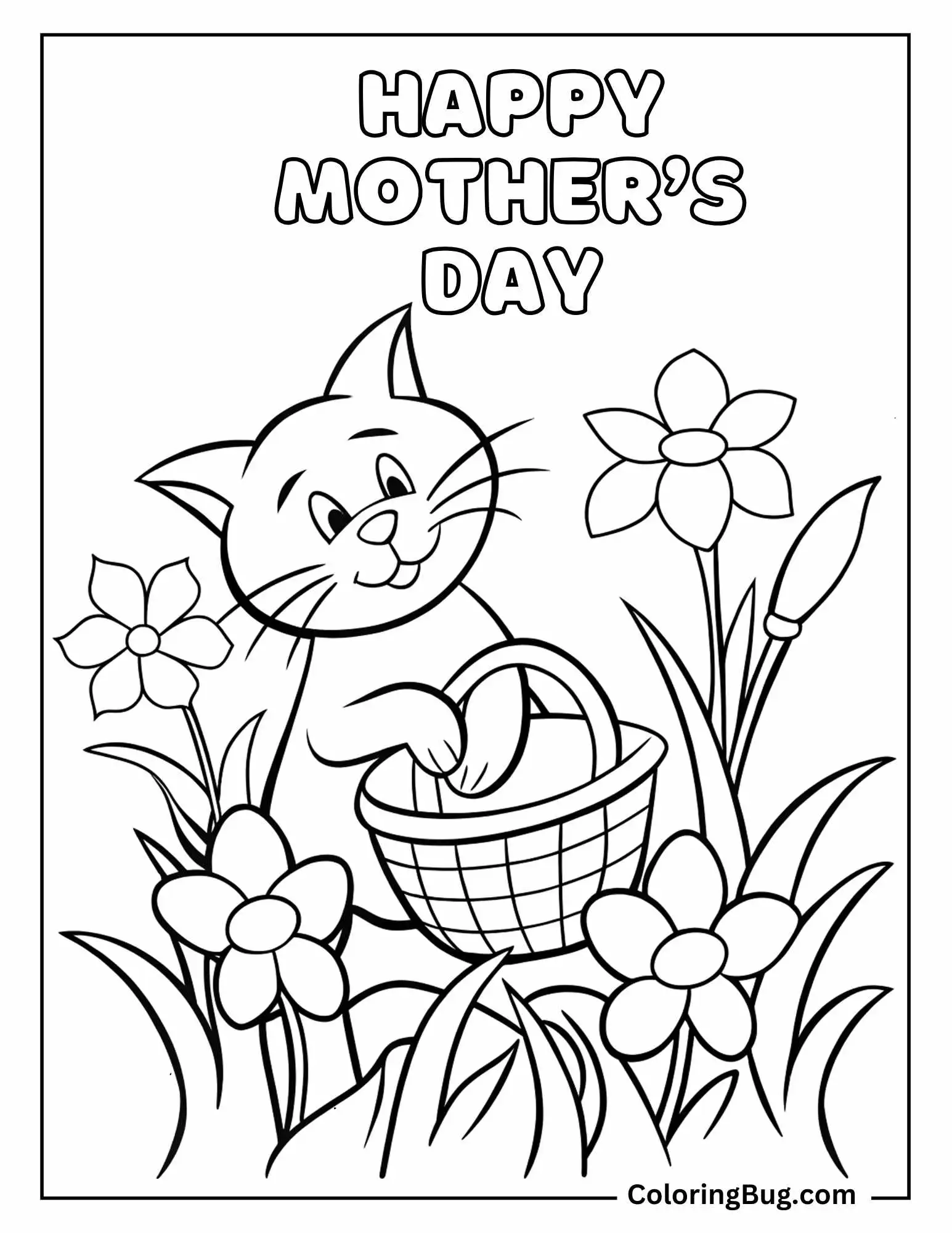 Cat Collecting Flowers For Mom on Mother's Day Coloring sheet