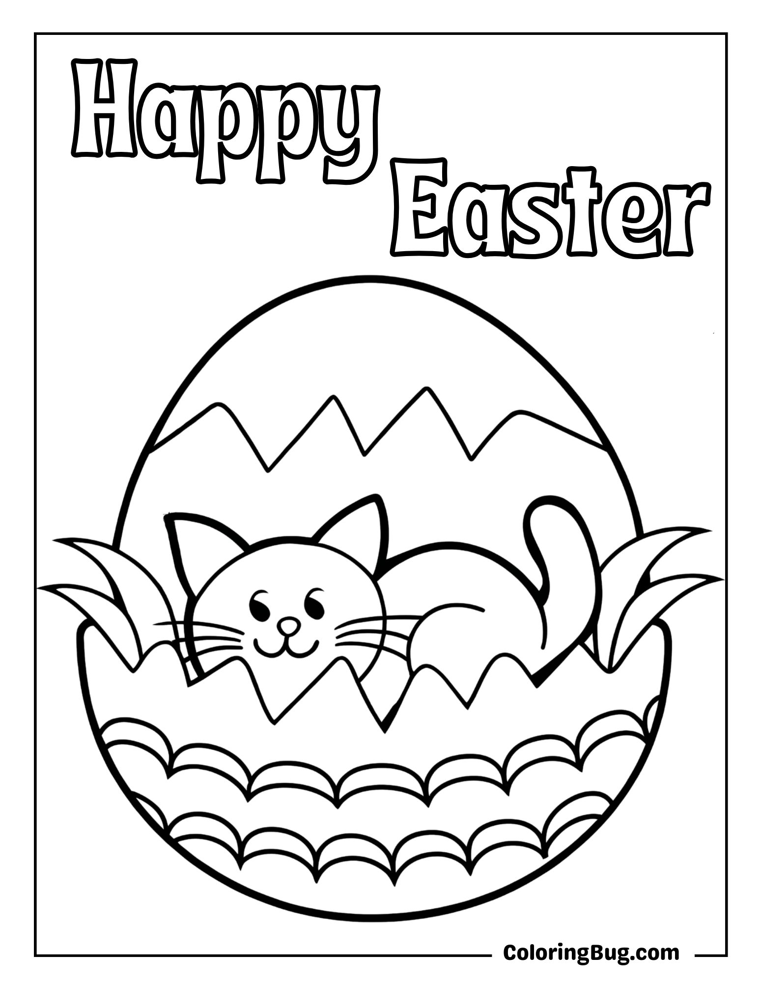 Cat Curled Up Inside an Easter Egg Shell Coloring Sheet