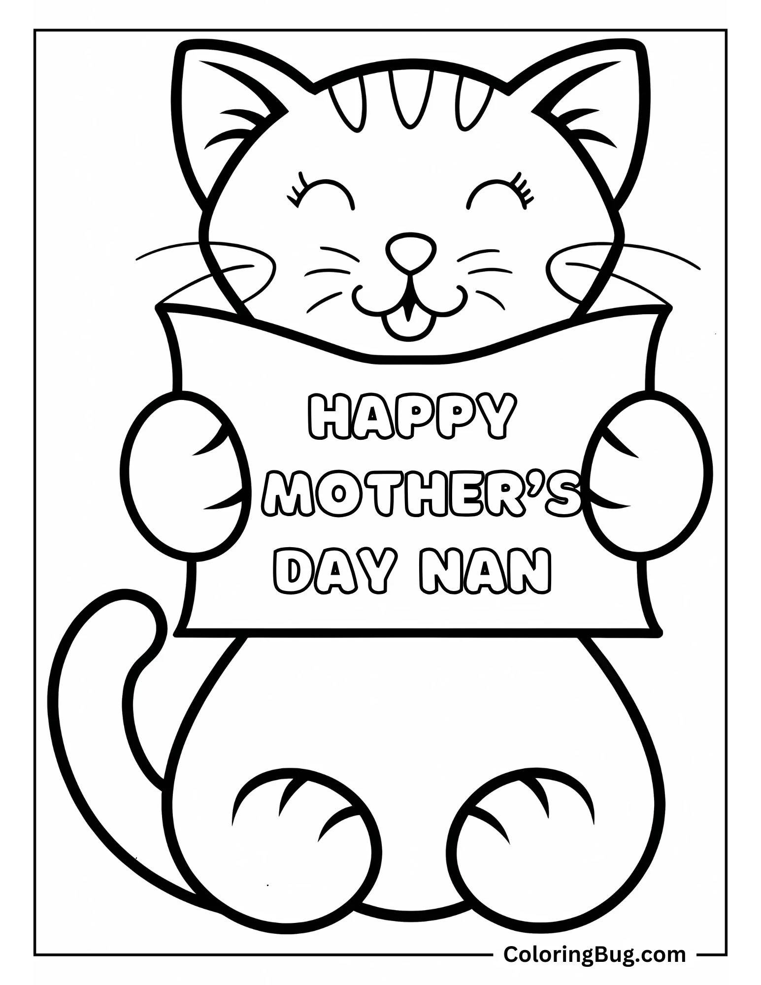 Cat Holding Happy Mother's Day Nan CardColoring Sheet