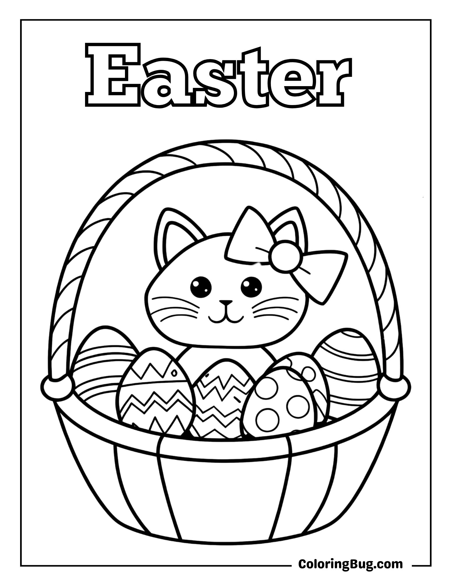 Cat Popping Out From The Basket Full Easter Eggs Coloring Sheet