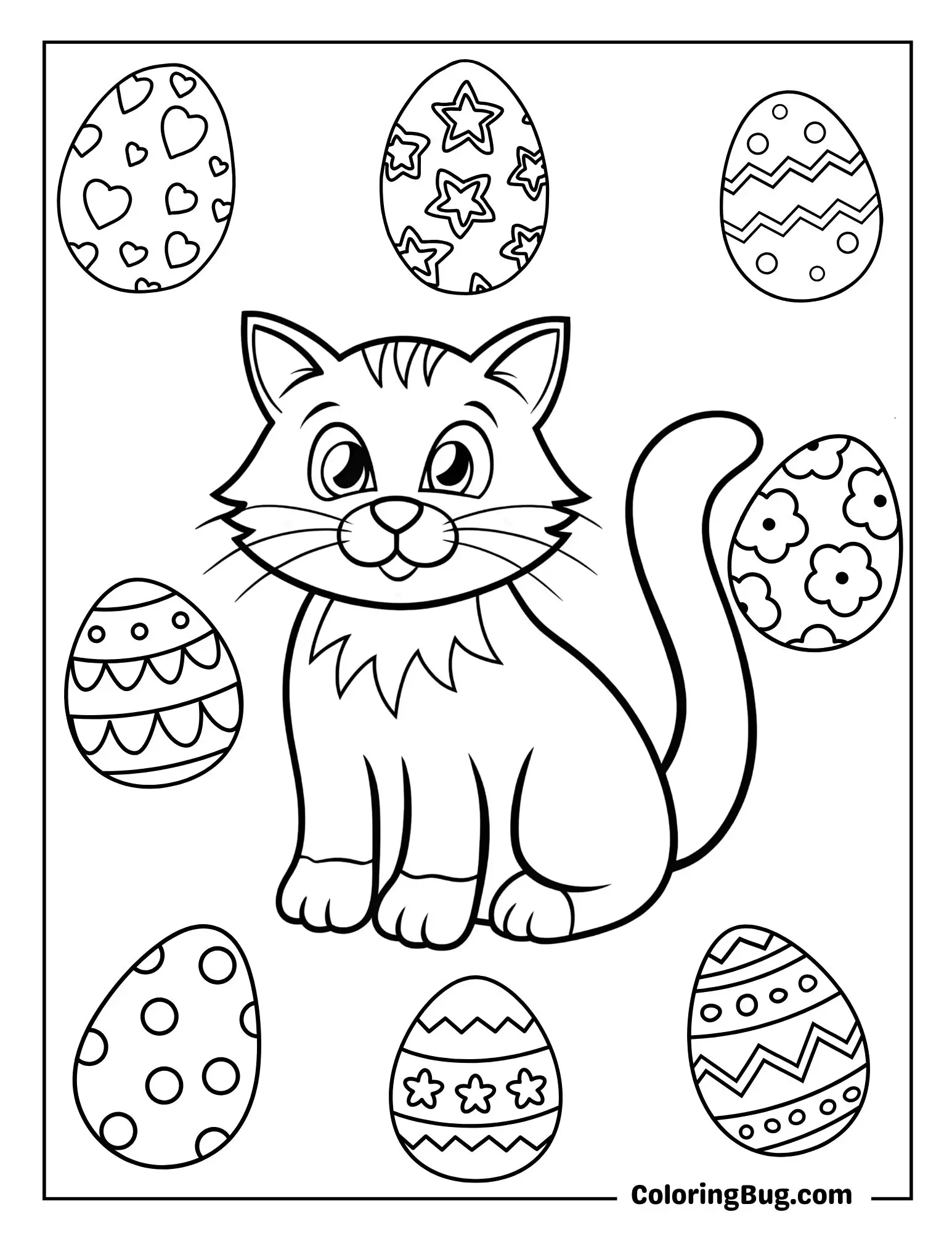 Cat Surrounded by Easter Eggs Coloring Sheet