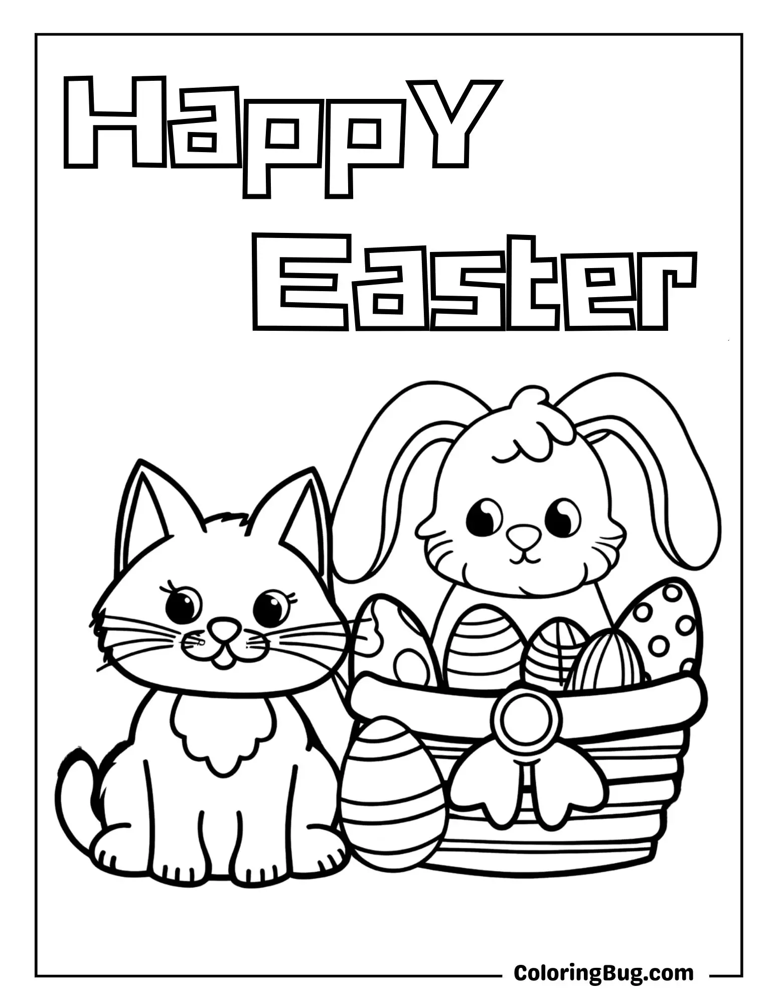 Cat With Easter Bunny Coloring Sheet