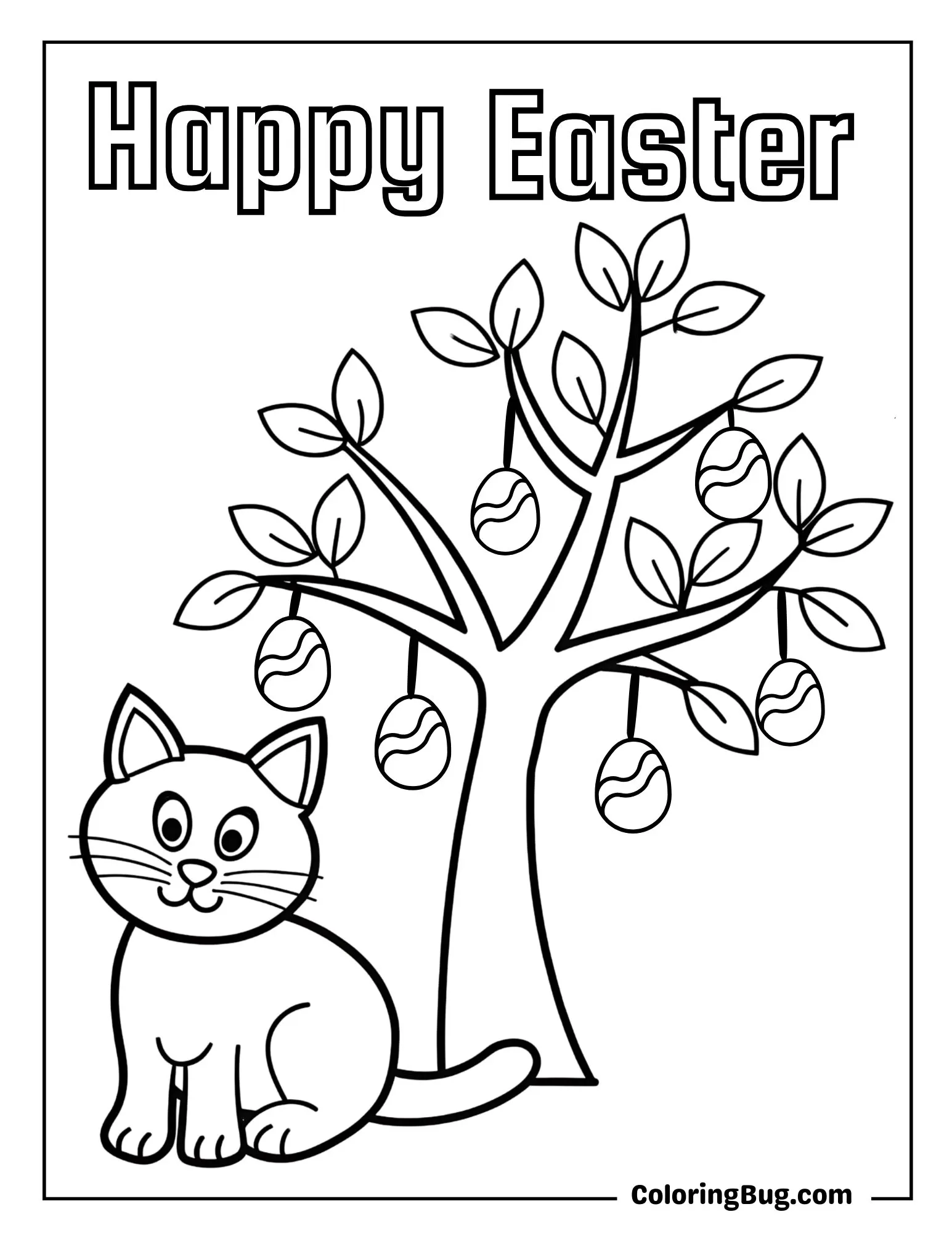 Cat With Easter Tree Coloring Sheet