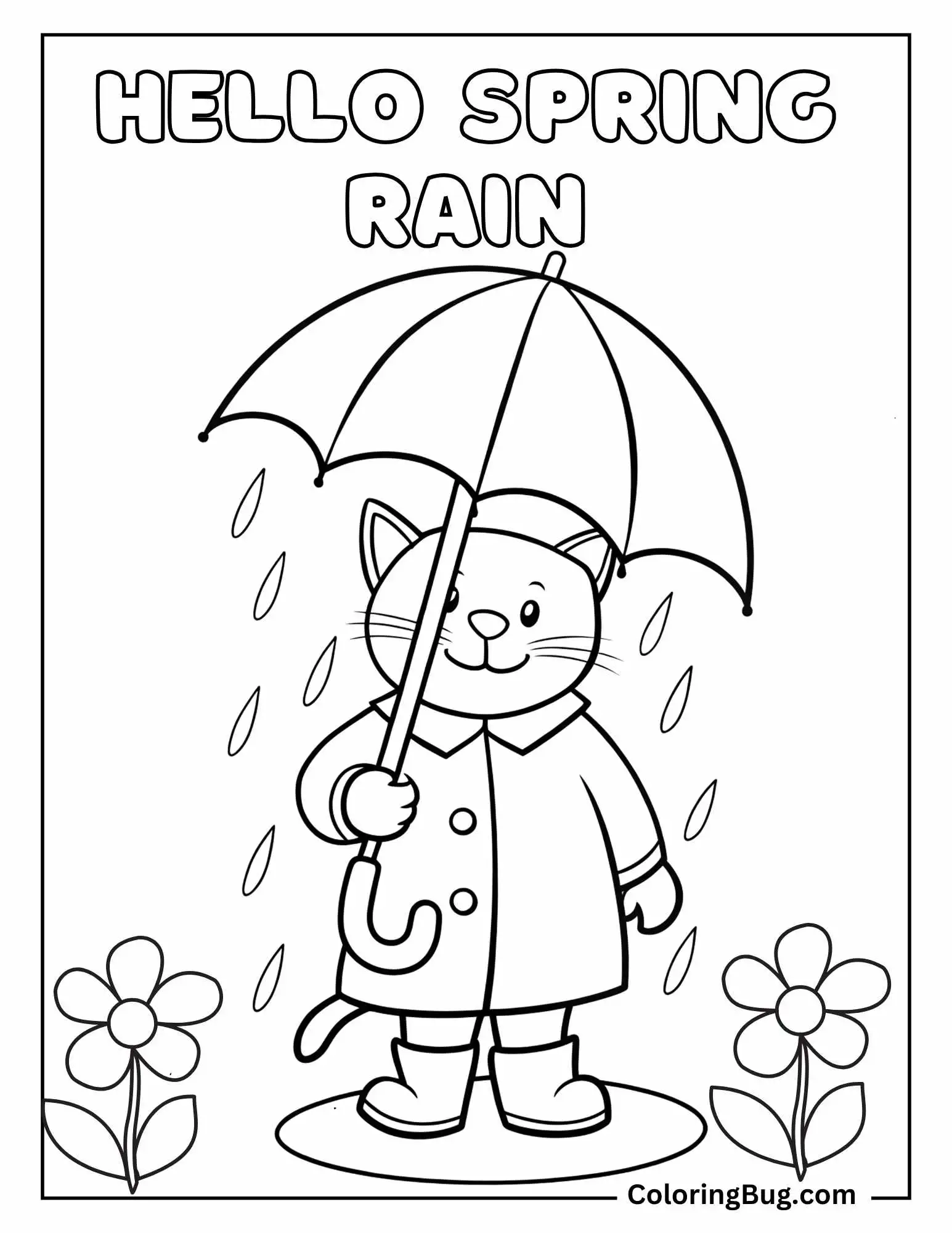 Cat in Spring Rain Shower with Coat and Umbrella Coloring sheet