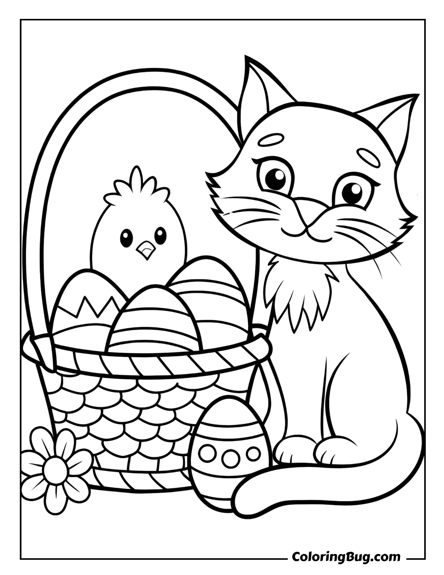 Cat with Easter Chick in Basket Coloring Sheet