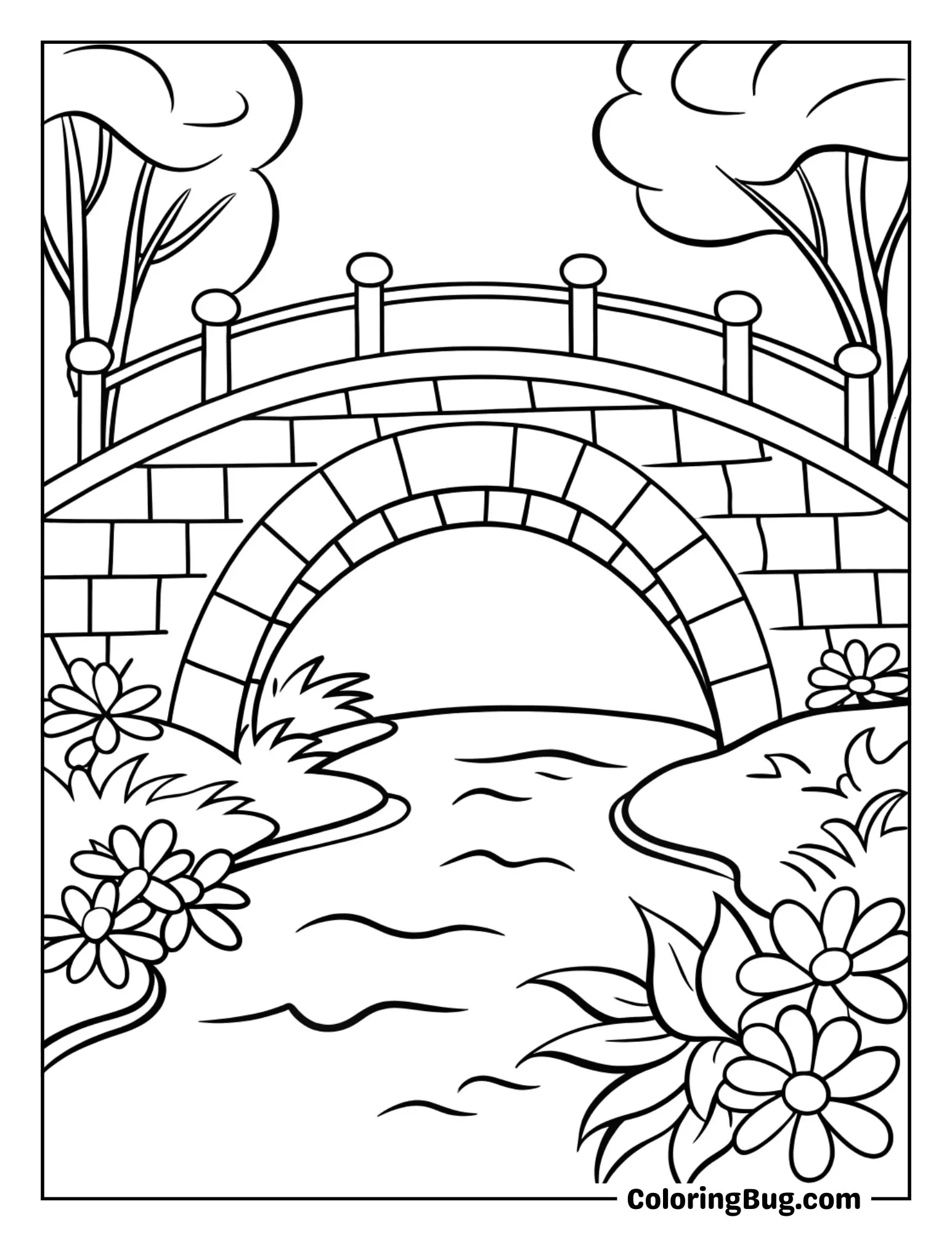 Charming Stone Bridge Over a Babbling Brook Coloring Sheet