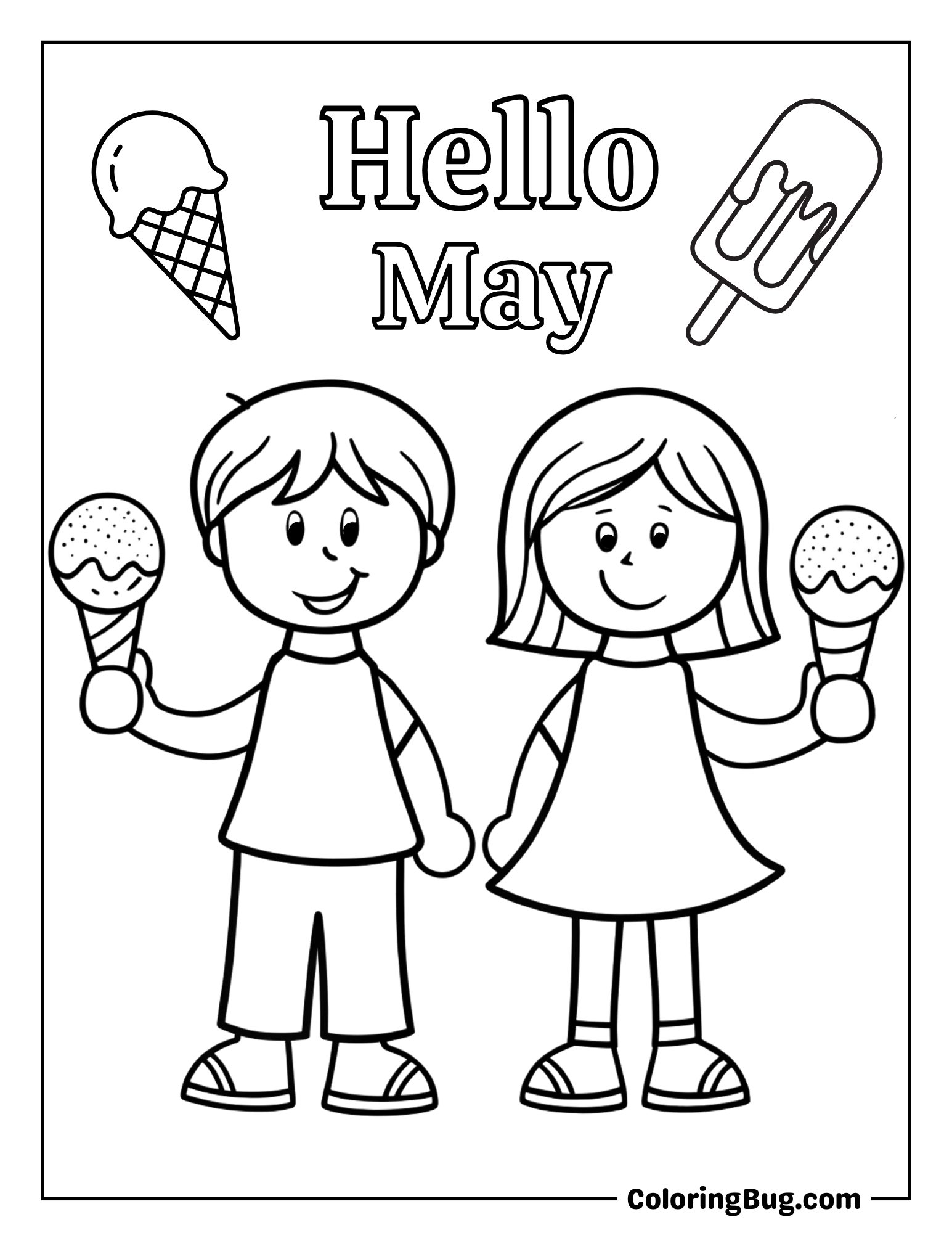 Children Enjoying Ice Cream in Summers Coloring Sheet