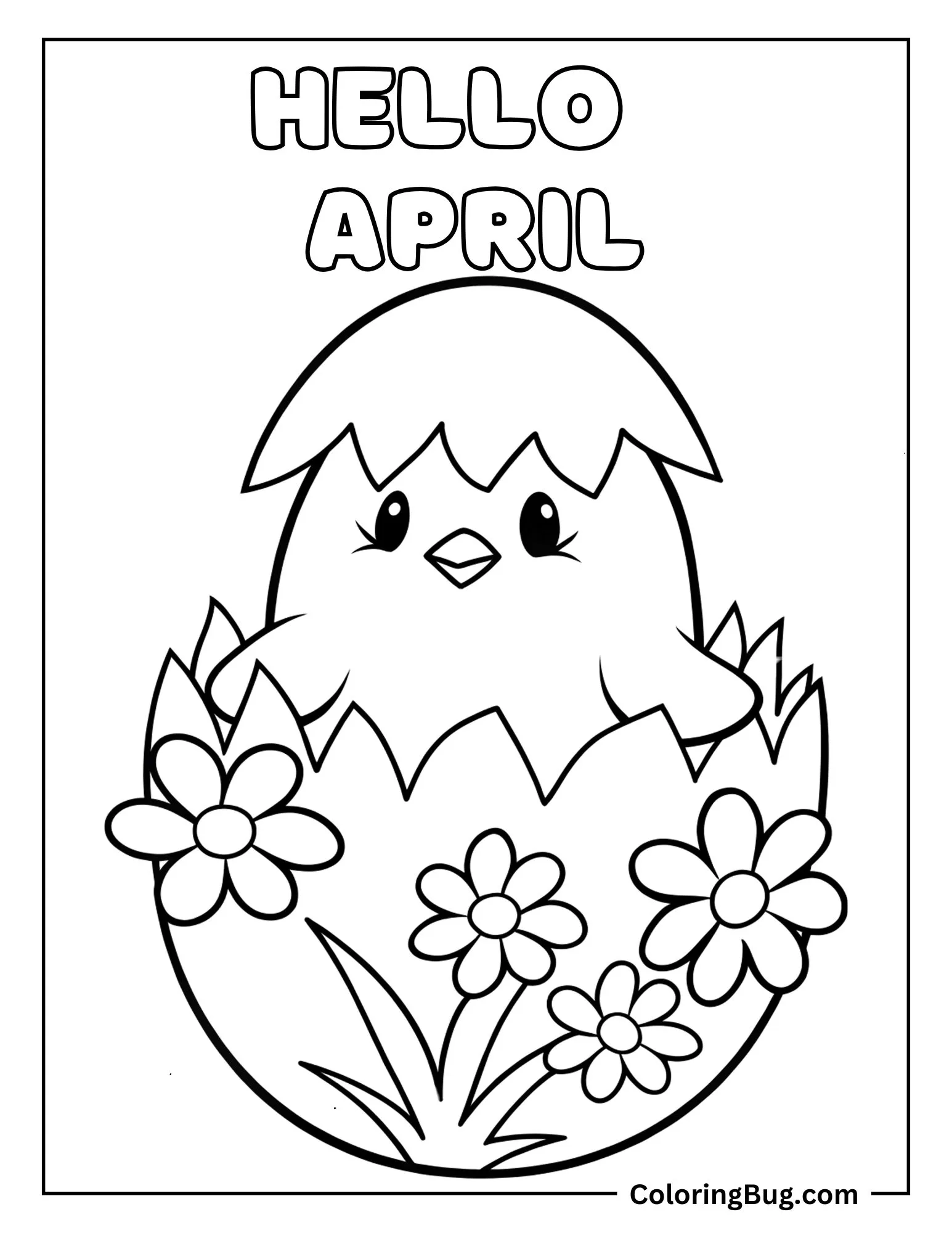 Chubby Chick Hatching From Egg With Hello April Text Coloring Sheet