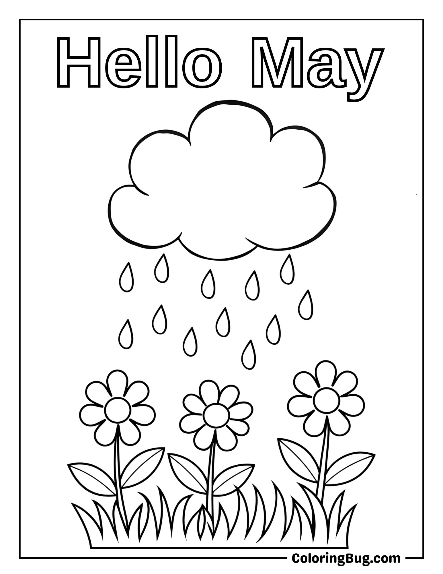 Cloud with Raindrops Falling Over Garden Coloring Sheet