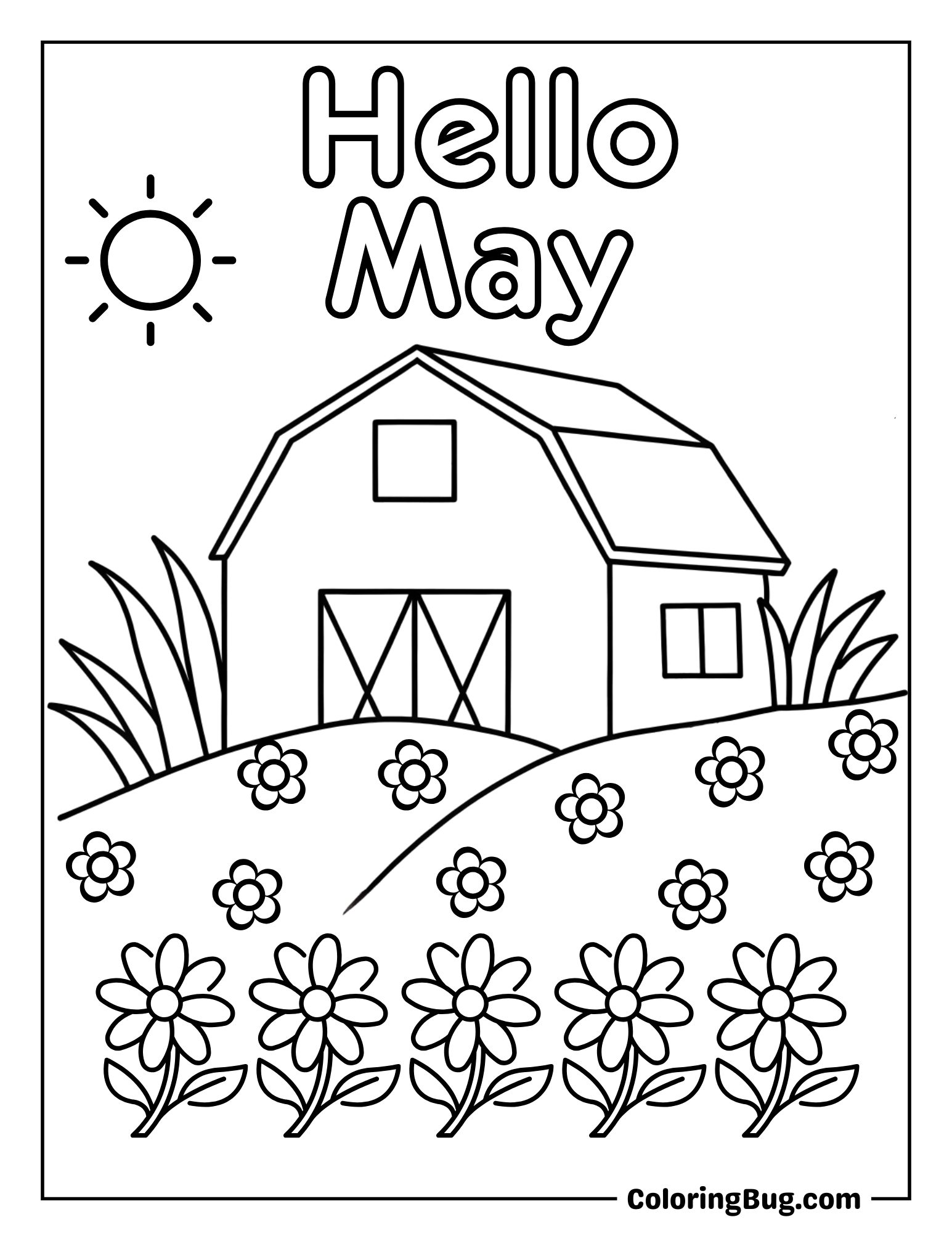 Country Barn Surrounded by Spring Flowers Coloring Sheet