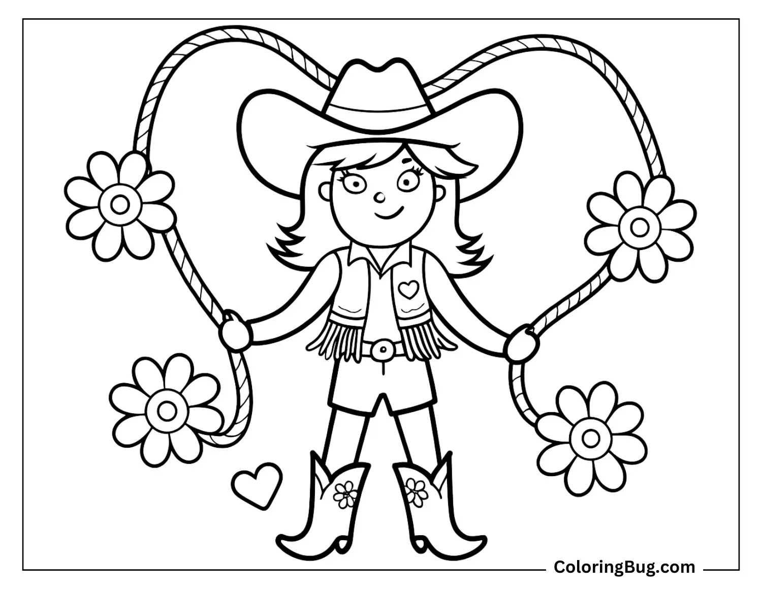 Cowgirl Holding a Flower Lasso Coloring Sheet