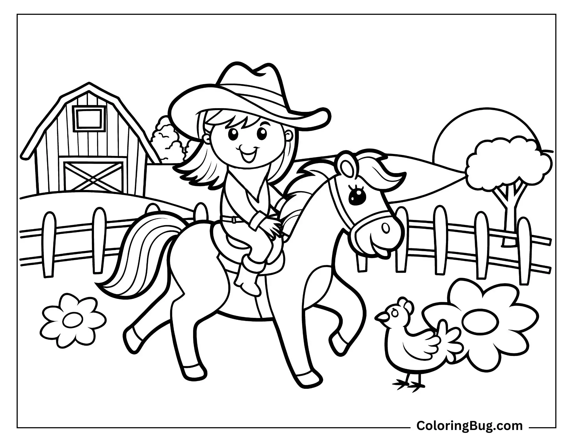 Cowgirl Riding a Cute Horse Coloring Sheet (1)