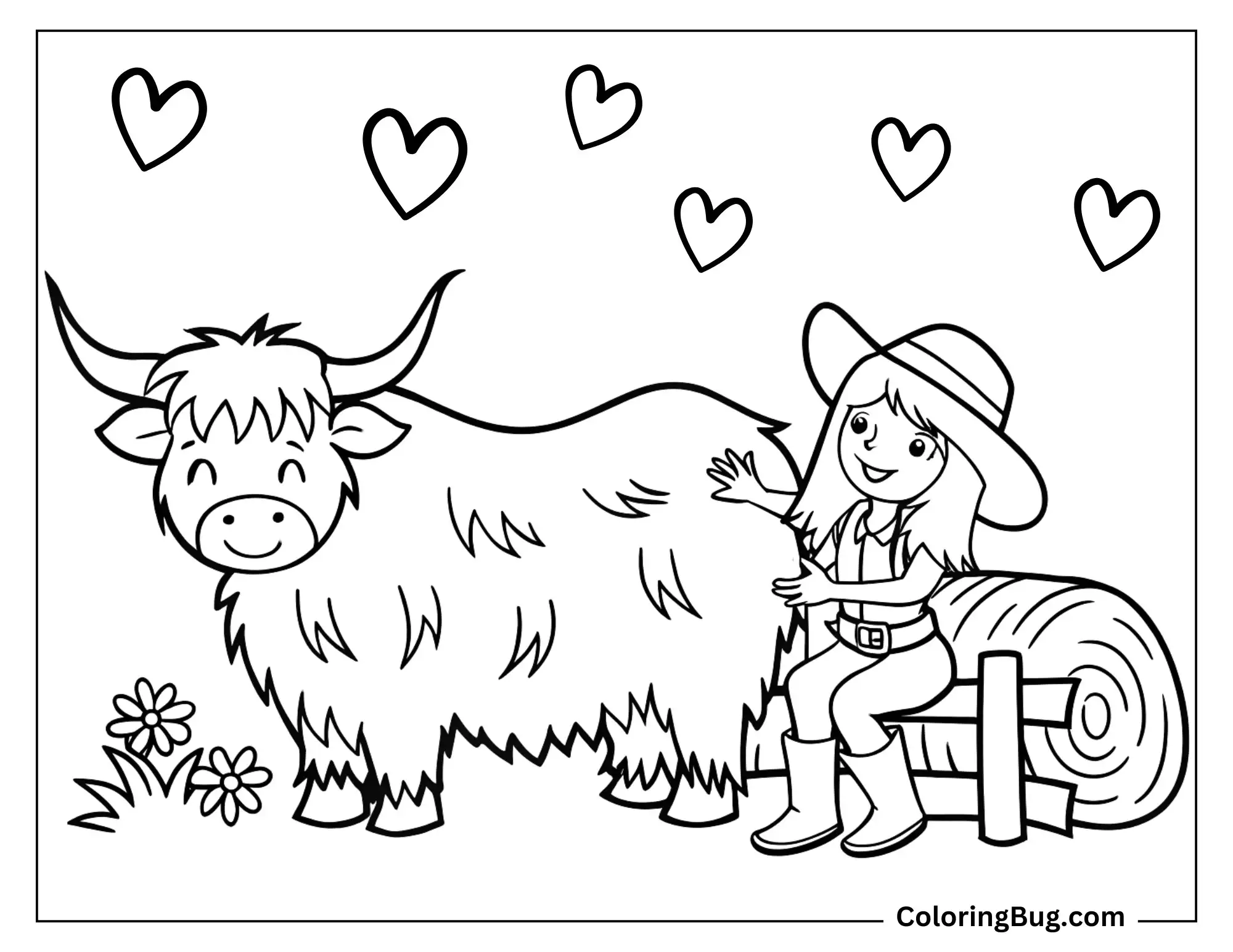 Cowgirl and Cute Highland Cow Coloring Sheet