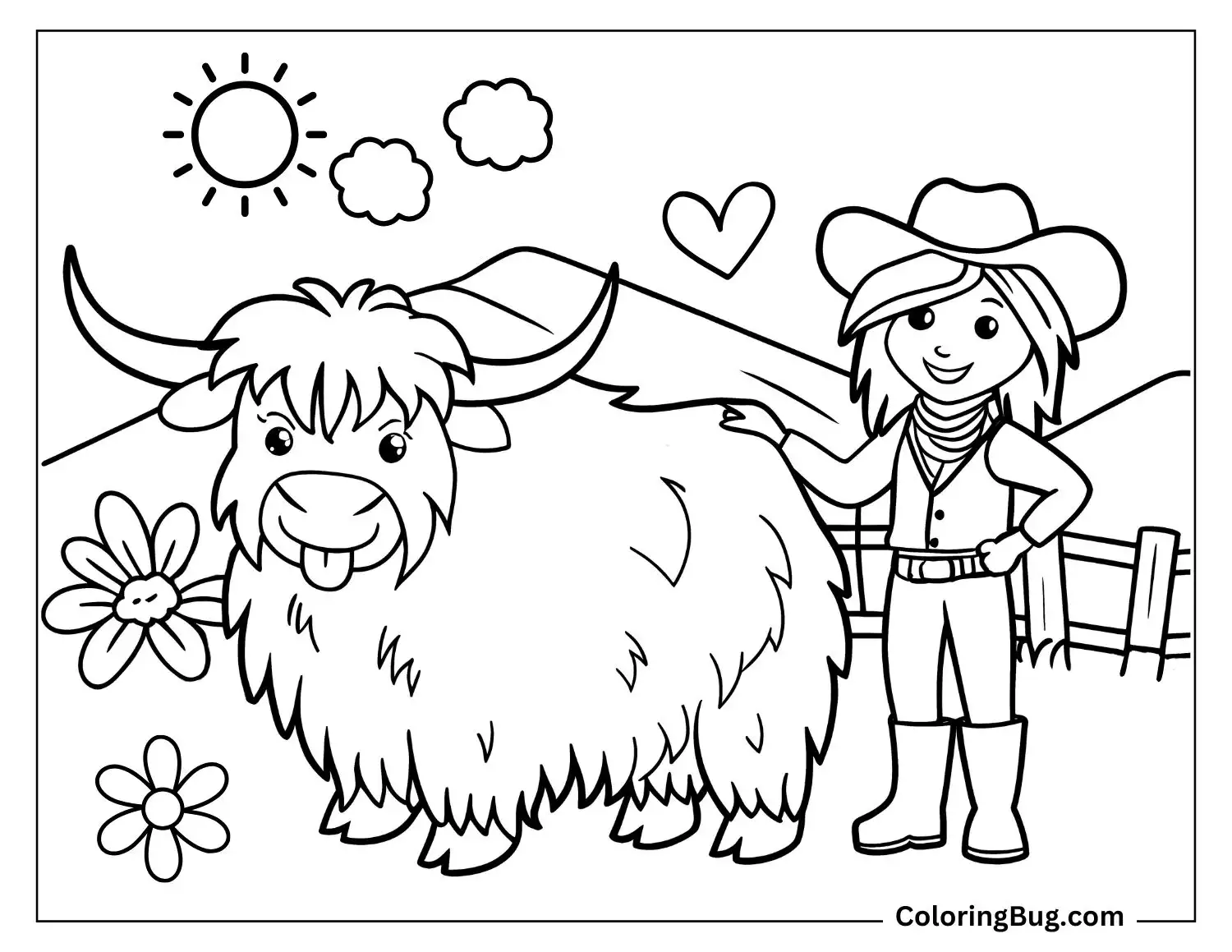 Cowgirl and Sweet Highland Cow Coloring Sheet