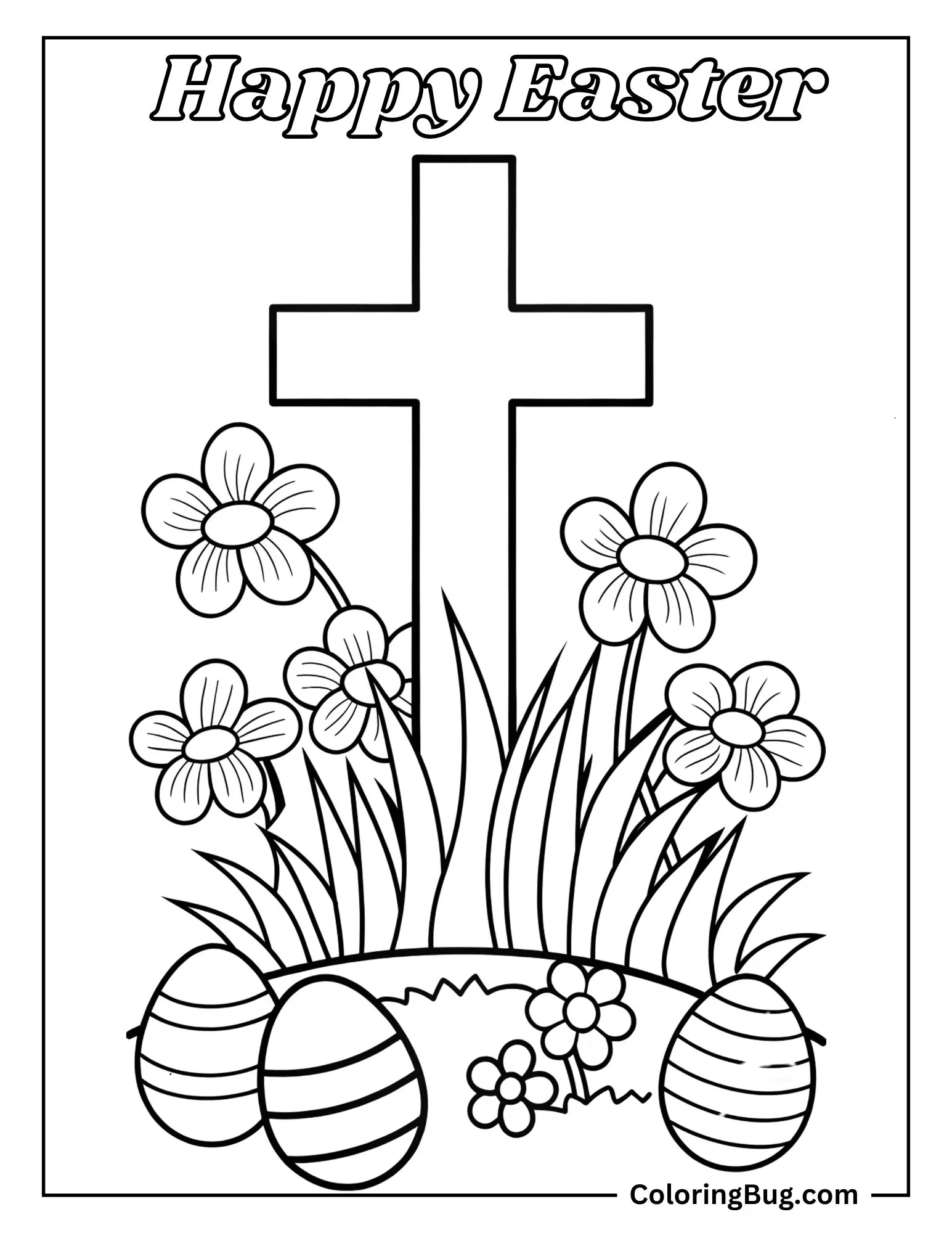 Cross With Easter Eggs And Flowers Coloring Sheet