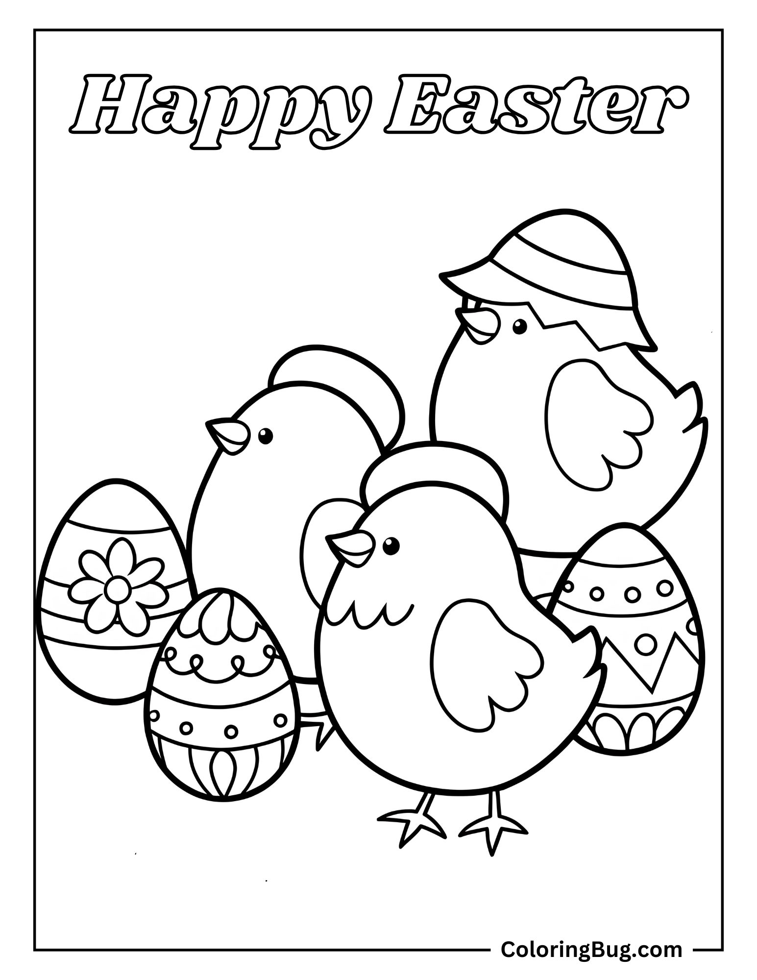 Cute Chicks With Easter Eggs Coloring Sheet