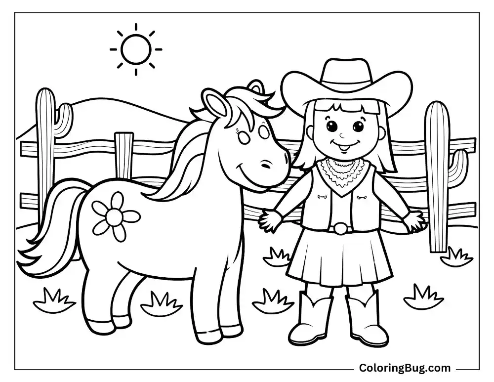 Cute Cowgirl Standing in a Field Coloring Sheet