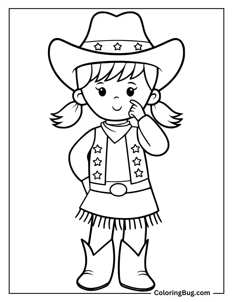 Cute Cowgirl Touching Her Face Coloring Sheet