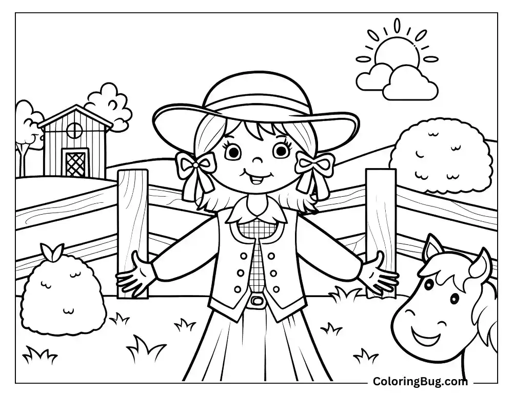 Cute Cowgirl at the Farm Coloring Sheet