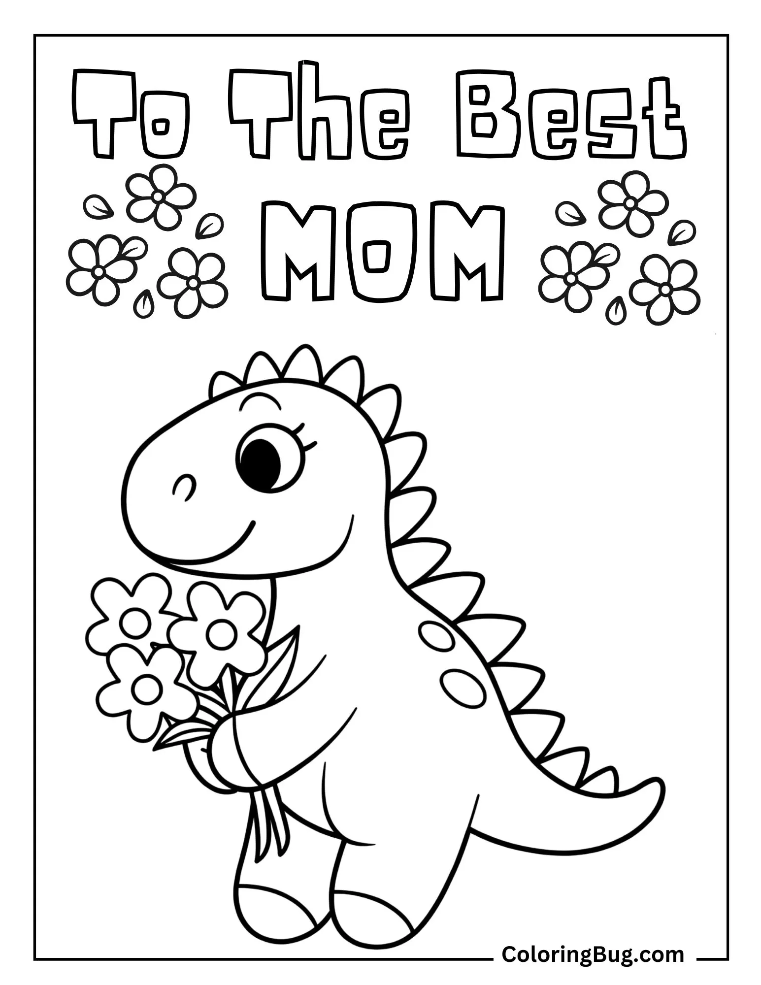 Cute Dinosaur Holding Flower Bouquet Coloring Sheet