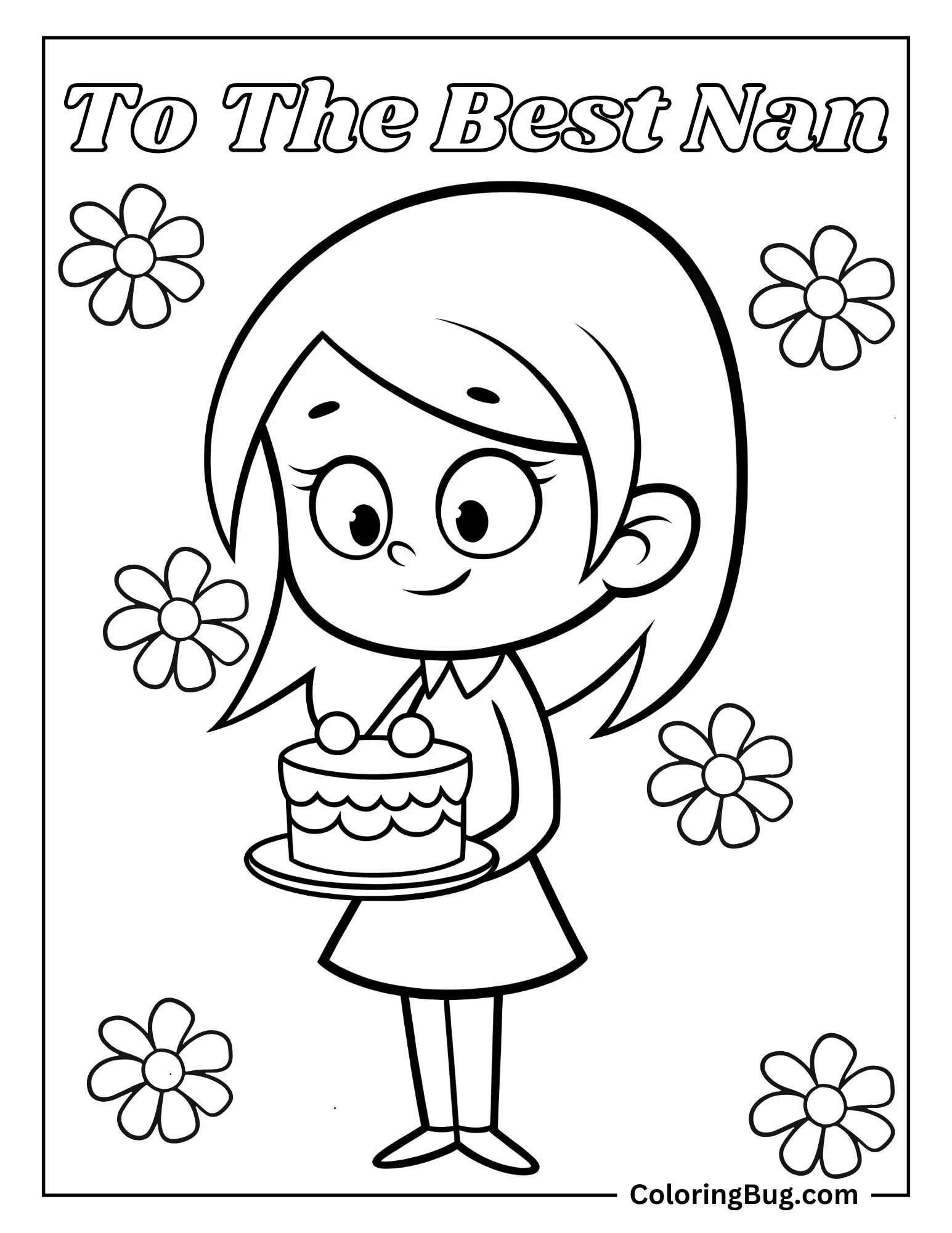 Cute Girl Holding Cake For Nan Coloring Sheet