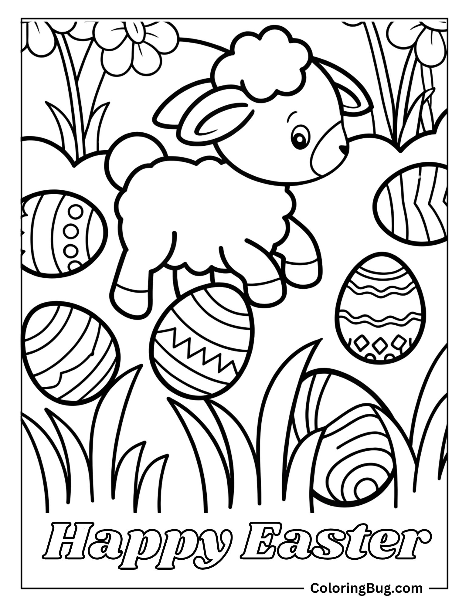 Cute Lamb Playing With Easter Eggs in Flowers Meadow Coloring Sheet