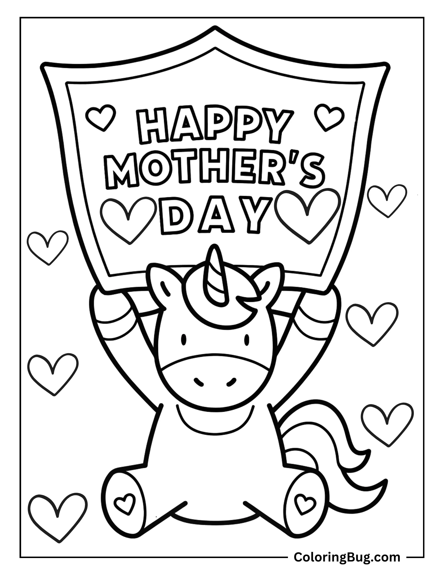 Cute Unicorn Holding Happy Mother's Day Banner Coloring sheet