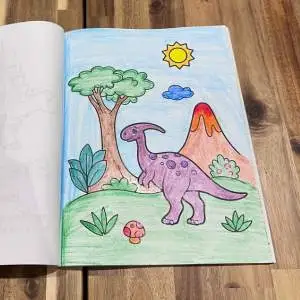 Dinosaur Coloring Book page with Parasaurolophus and volcano