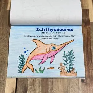 Dinosaur Coloring Book Page with Ichthyosaurus and Fact