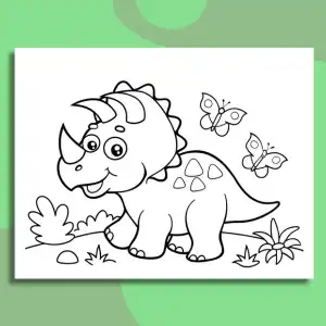Dinosaur coloring book page of a triceratops