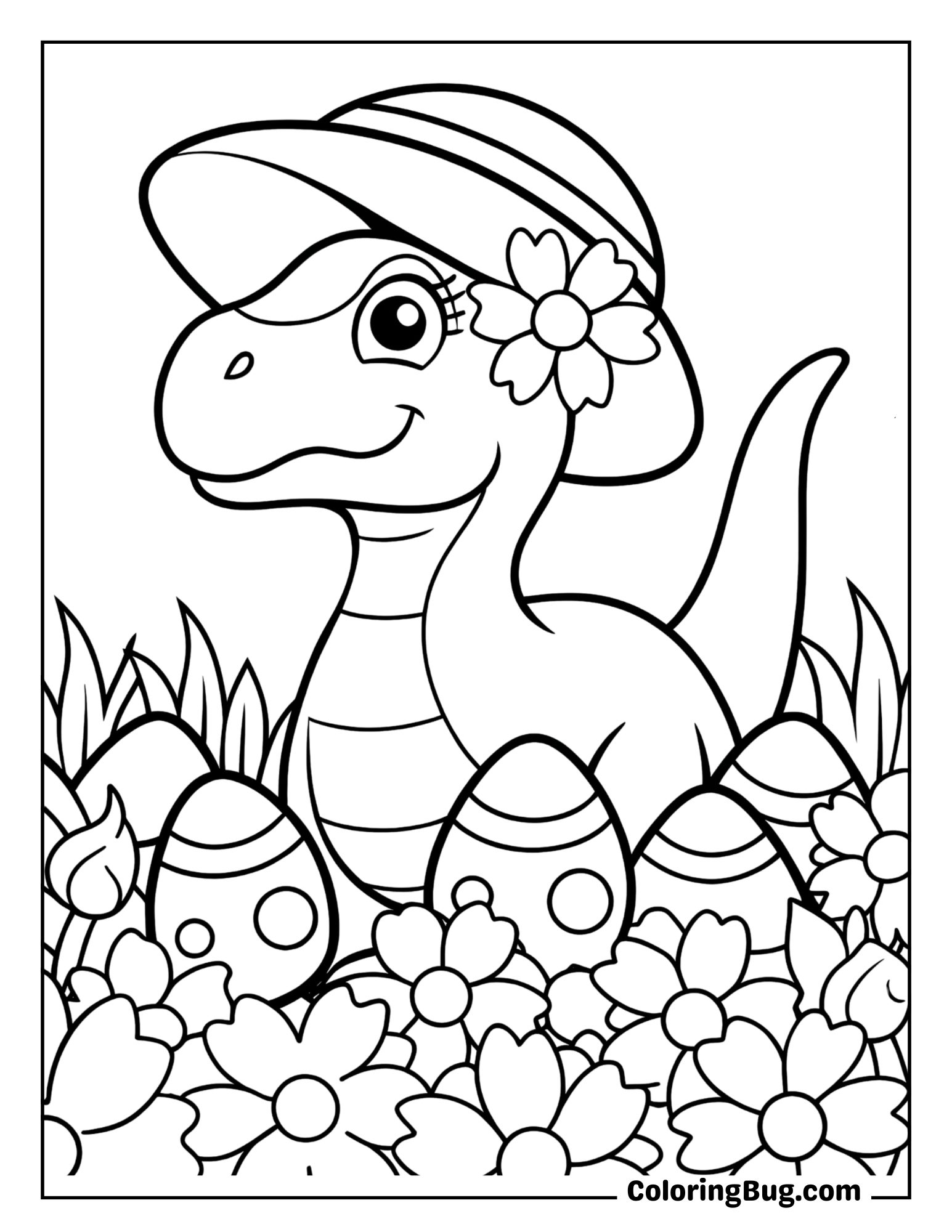 Dinosaur Wearing Easter Bonnet in a Field Full of Blooming Easter Flowers and Eggs Coloring Sheet