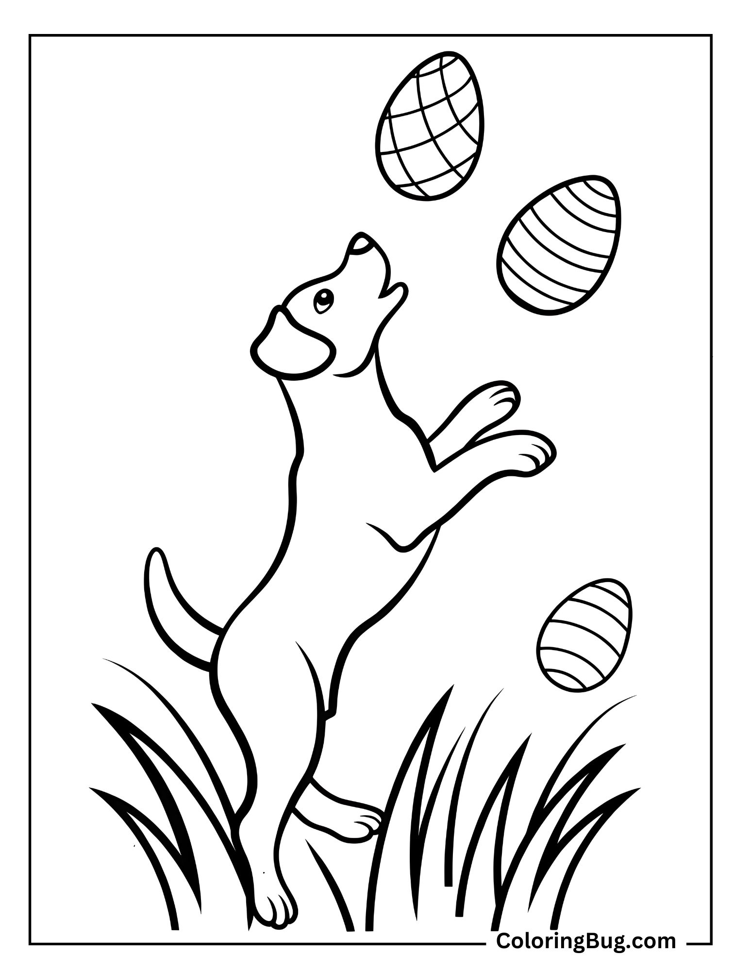 Dog Jumping To Catch Easter Egg in The Air Coloring Sheet