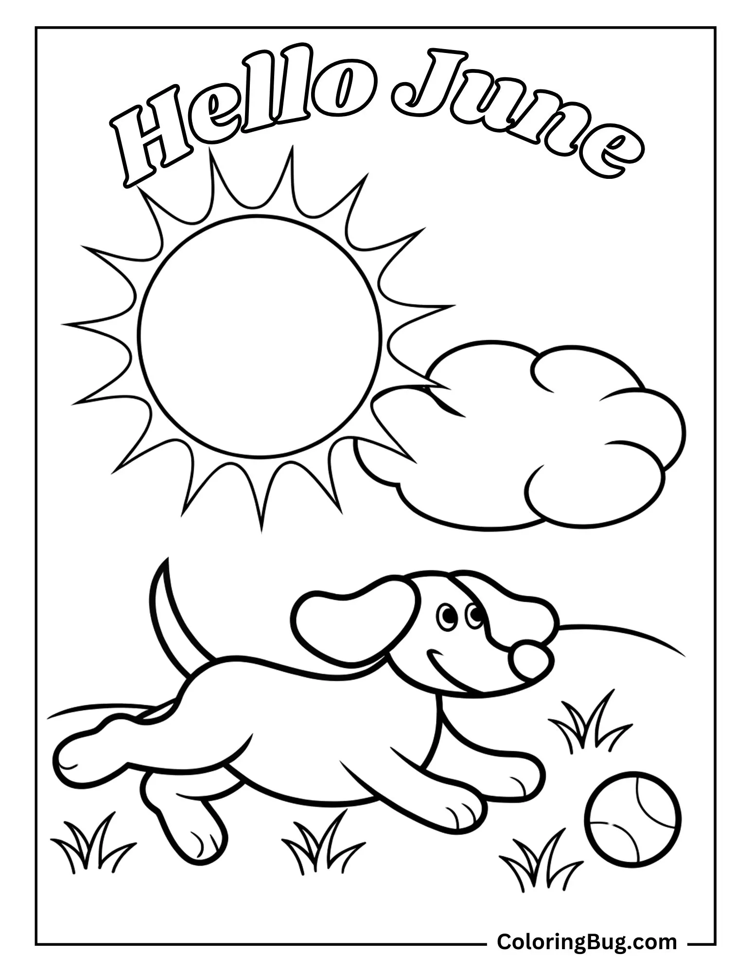 Dog Running Through a Park, Chasing a Ball Under the June Sun Coloring sheet