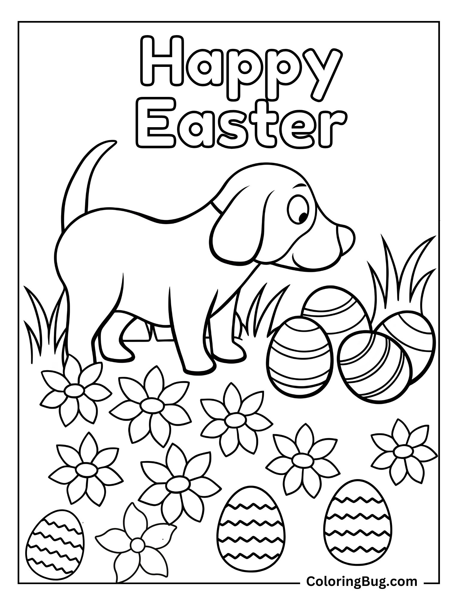 Dog Sniffing Easter Eggs Coloring Sheet