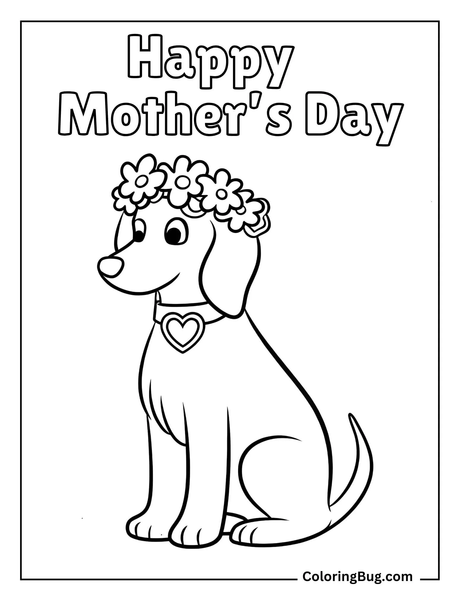 Dog Wearing a Flower Crown With a Heart Shaped Collar Coloring Sheet