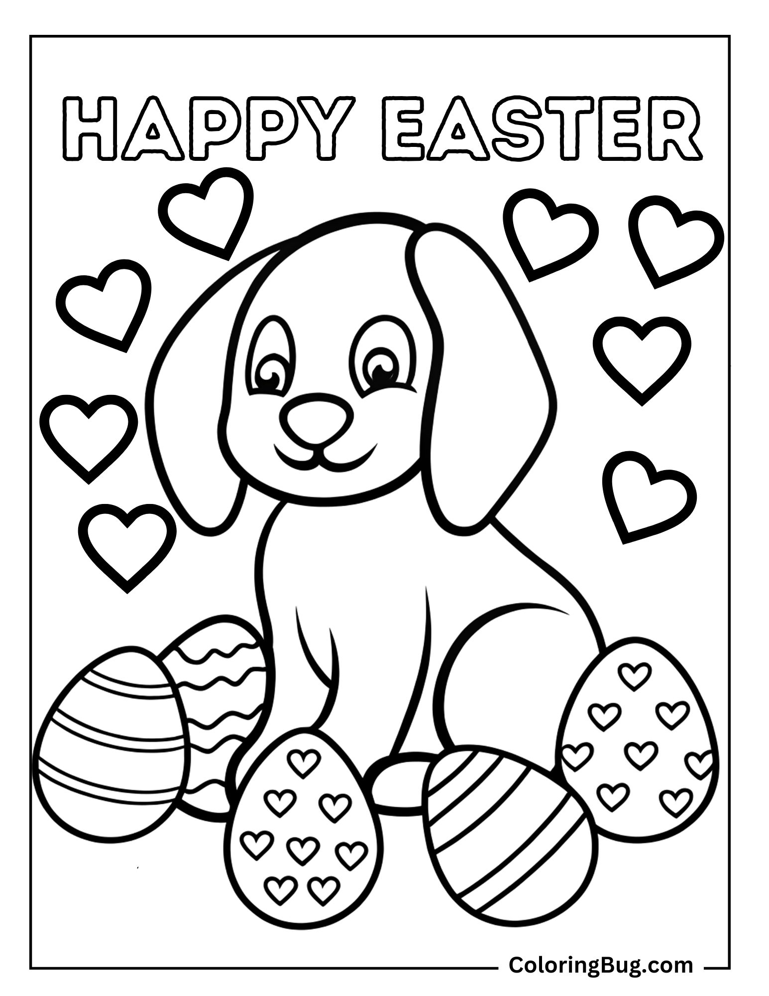 Dog With Easter Eggs And Hearts Coloring Sheet