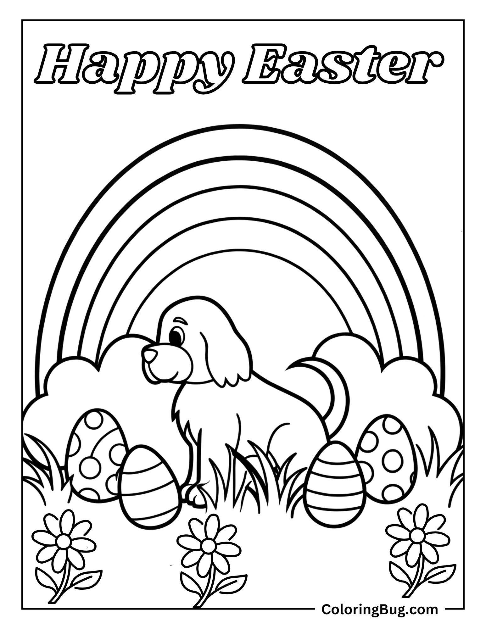 Dog With Rainbow And Easter Eggs Coloring Sheet