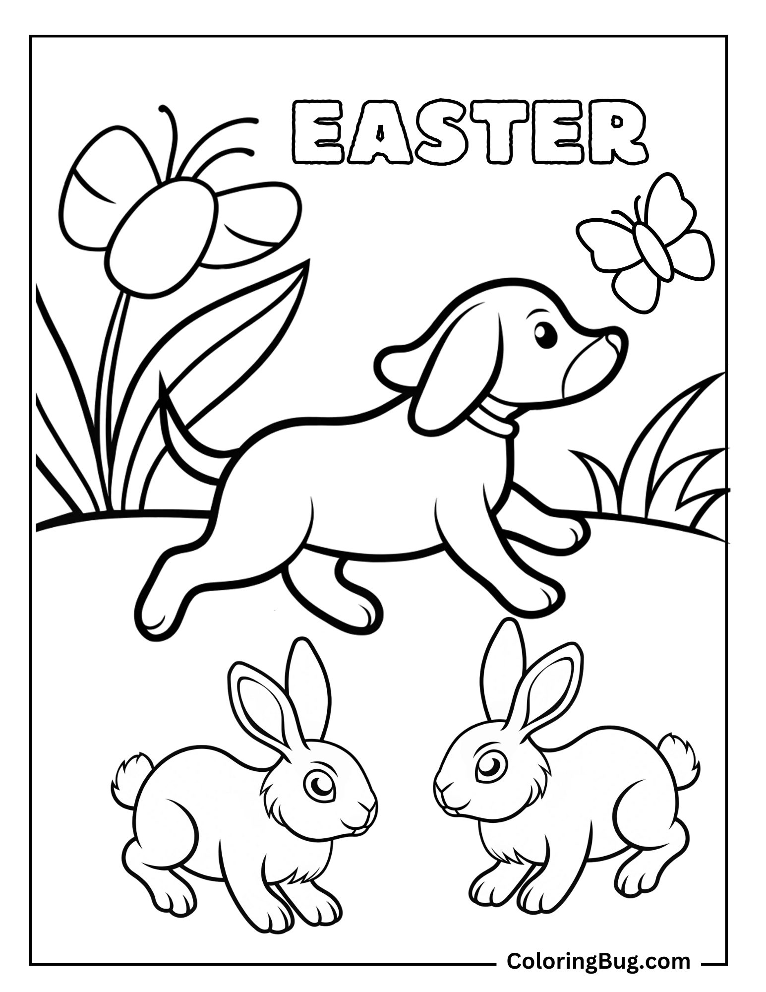 Dog With Two Cute Easter Bunnies Coloring Sheet