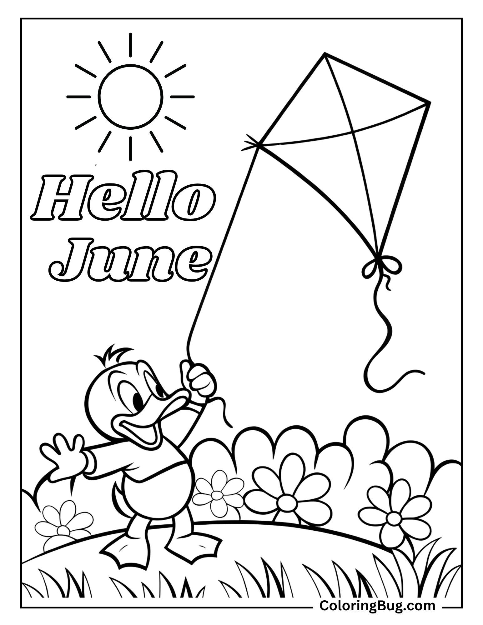 Donald Duck Flying a Kite in Sunny Meadow Coloring Sheet