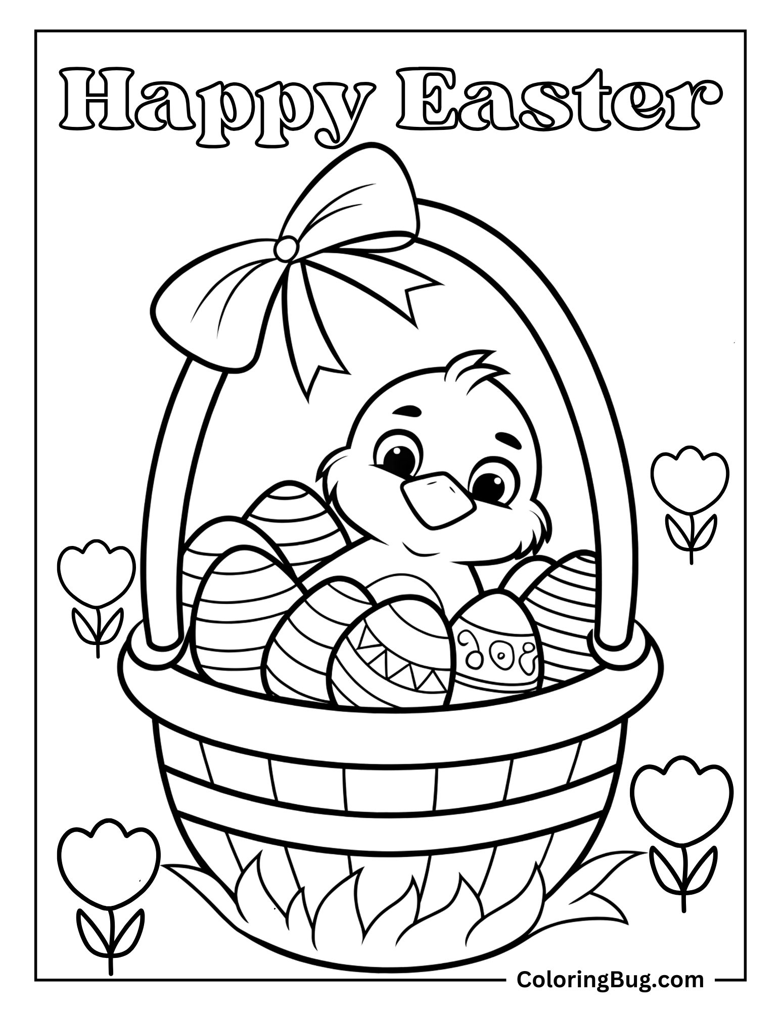 Duckling Sitting Inside Easters Eggs Basket Coloring Sheet