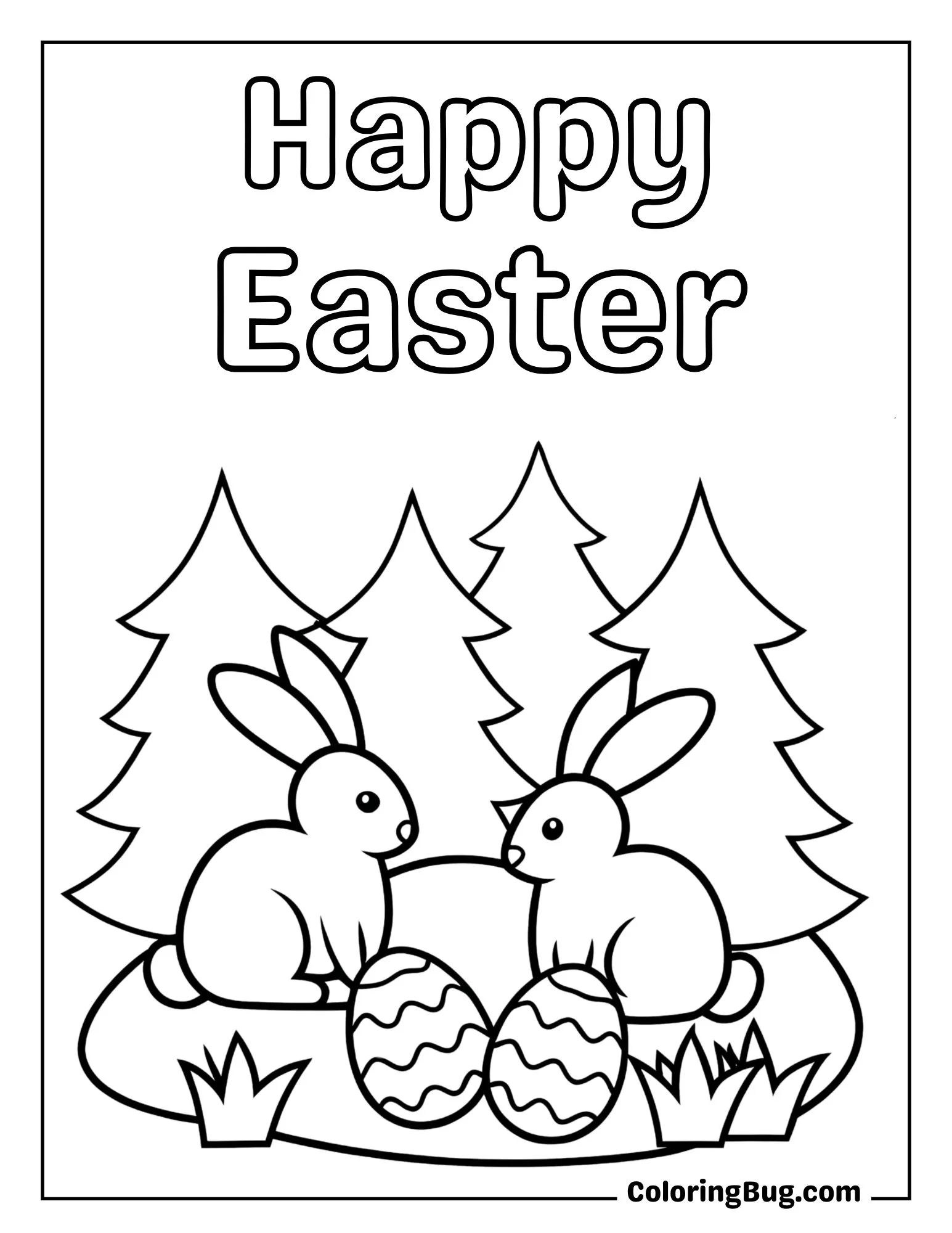 Easter Bunnies in the Forest Coloring Sheet