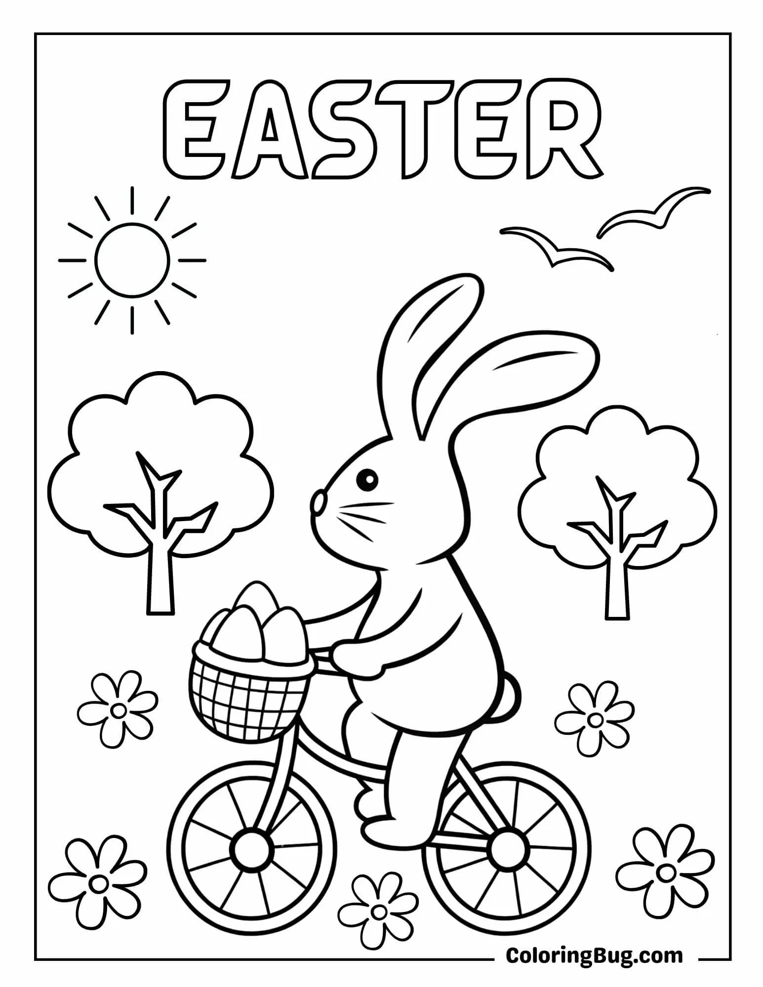 Easter Bunny Carrying a Basket Full Of Eggs On a Bicycle Coloring Sheet