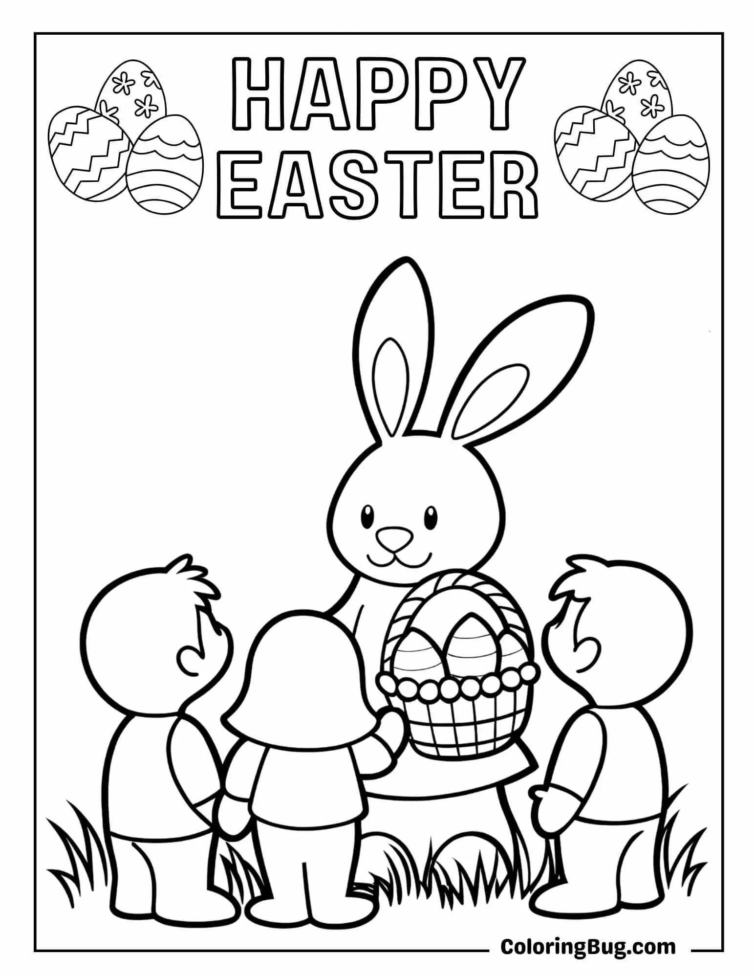 Easter Bunny Delivering Eggs To Children Coloring Sheet
