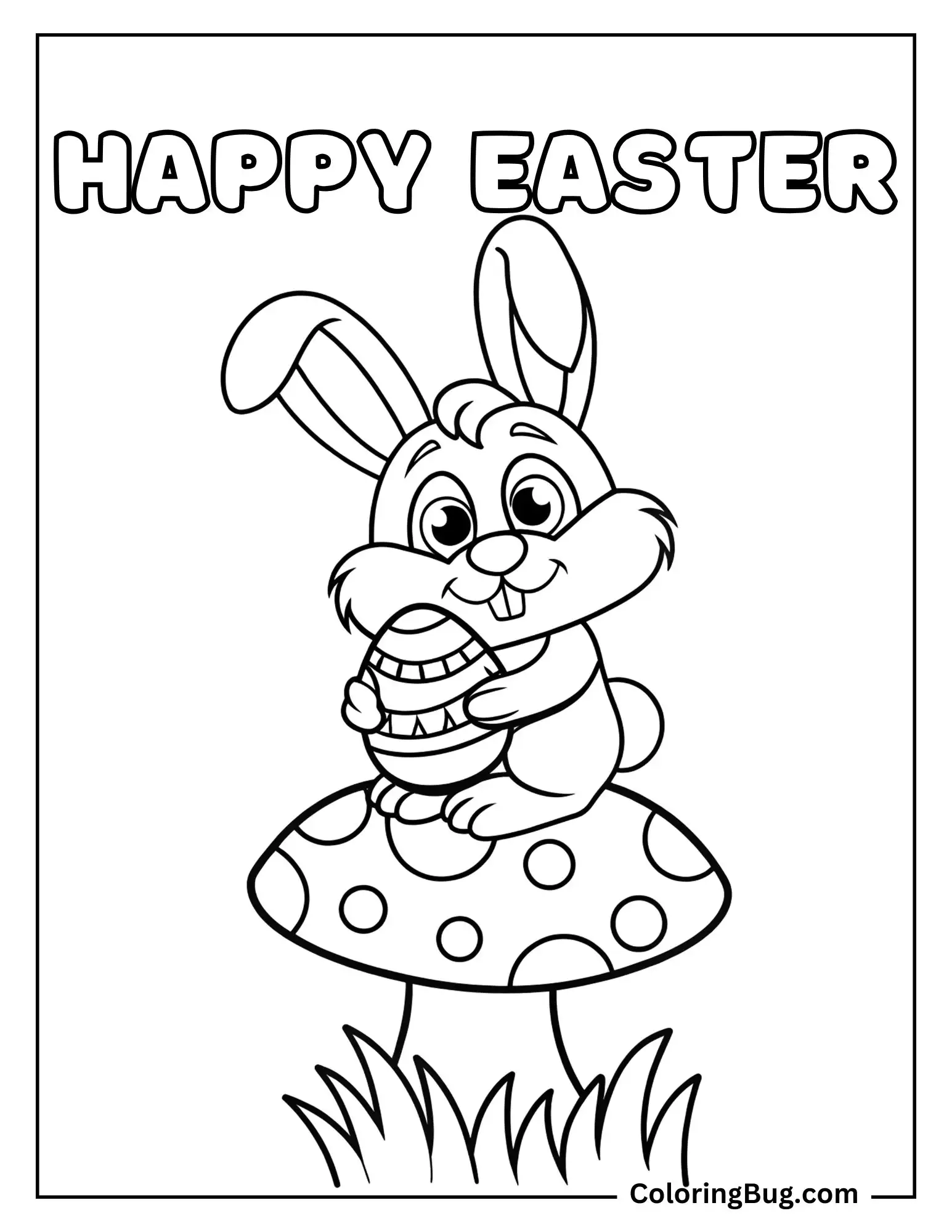 Easter Bunny Holding Easter Egg And Sitting on Mushroom Coloring Page