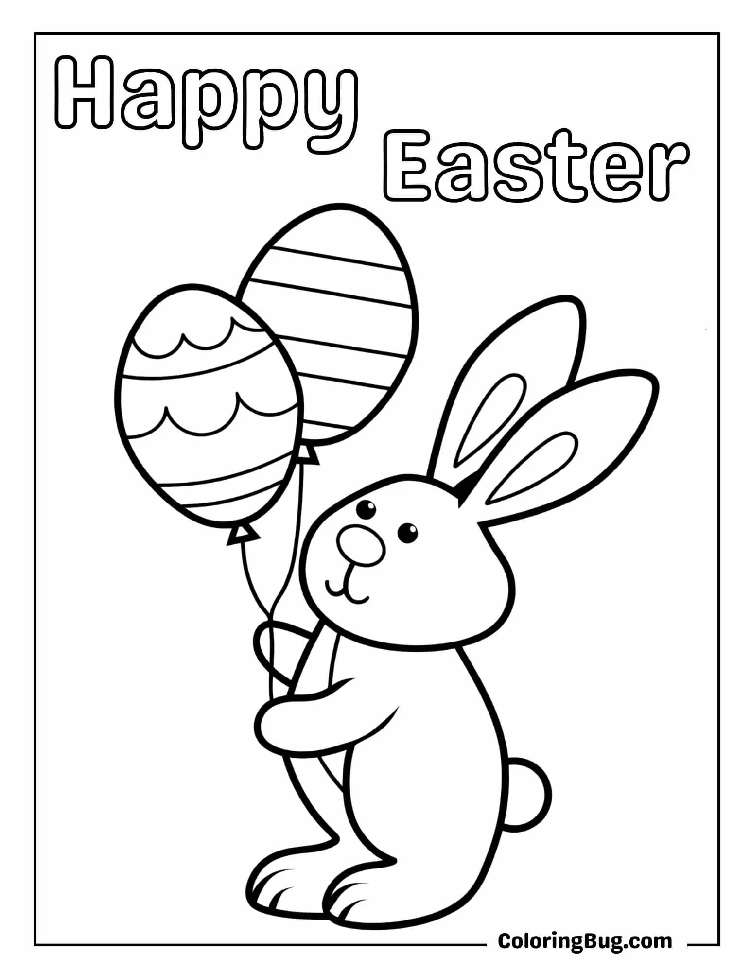 Easter Bunny Holding Two Egg Shaped Easter Balloons Coloring Sheet