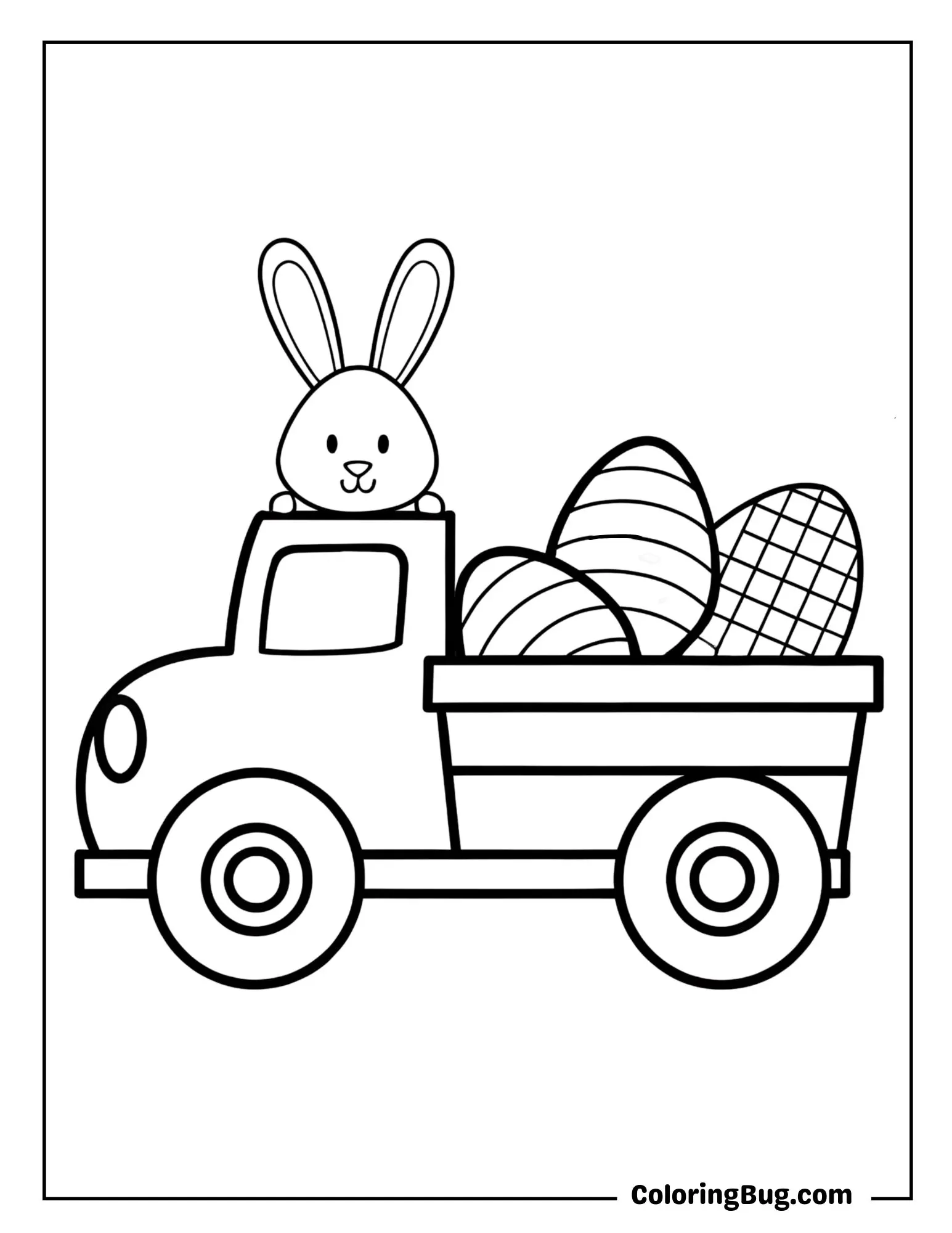 Easter Bunny In The Truck Full Of Easter Eggs Coloring Sheet