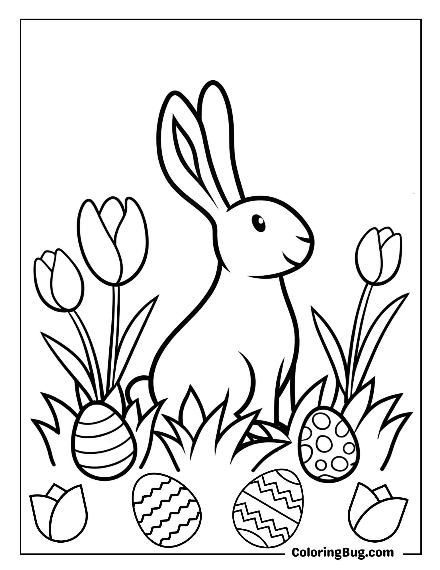Easter Bunny In Tulips Meadow With Hidden Easter Eggs Coloring Sheet